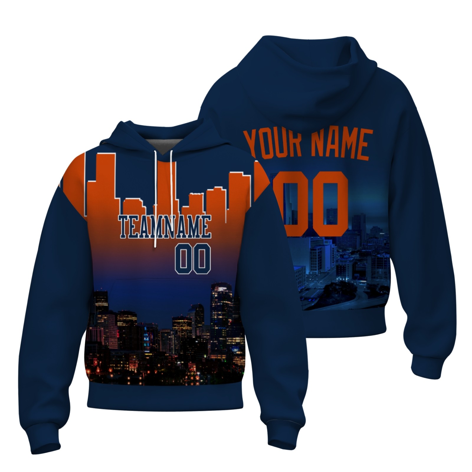 Custom Navy Blue Orange City Silhouette Style Fashion Athletic Pullover Sweatshirt Hoodie