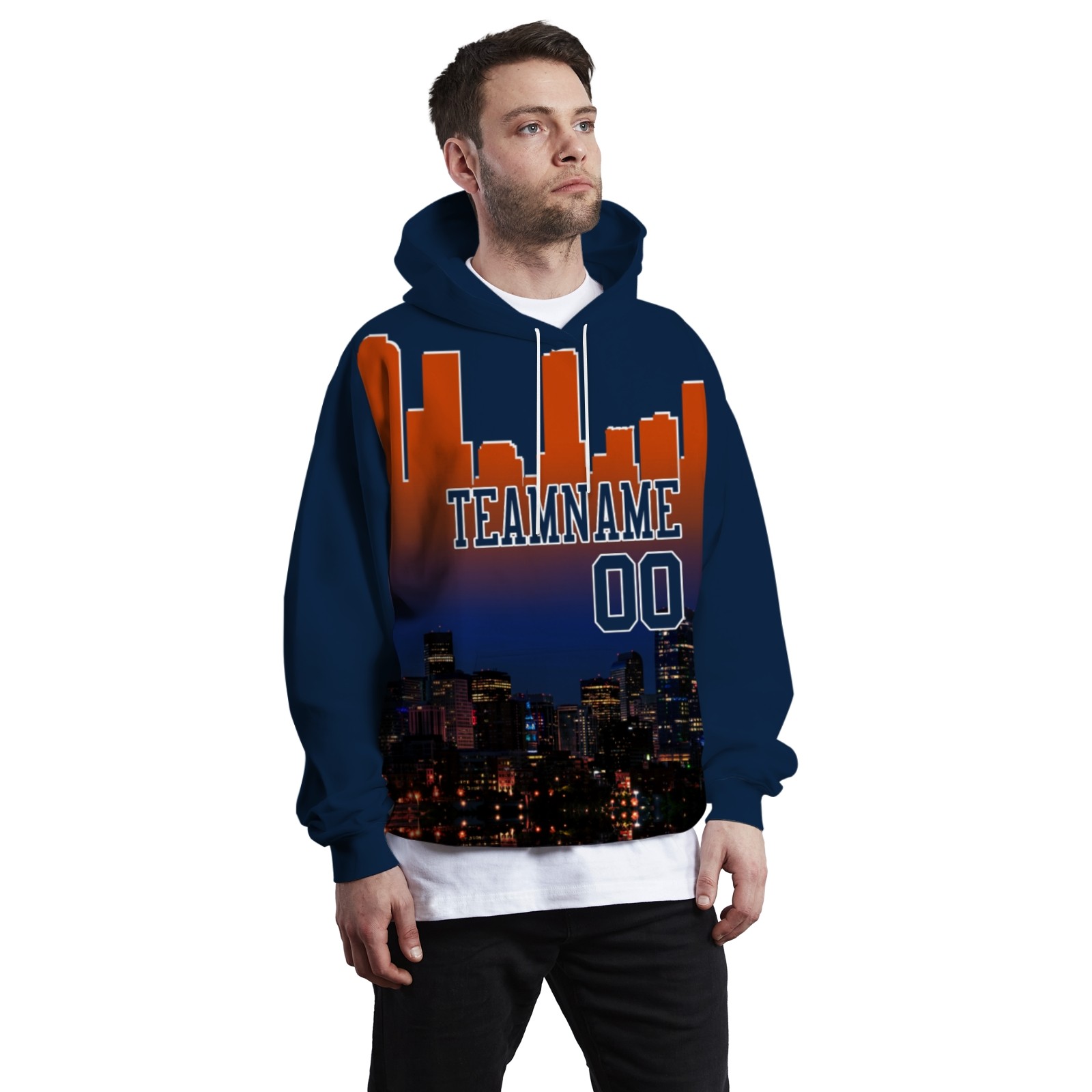 Custom Navy Blue Orange City Silhouette Style Fashion Athletic Pullover Sweatshirt Hoodie