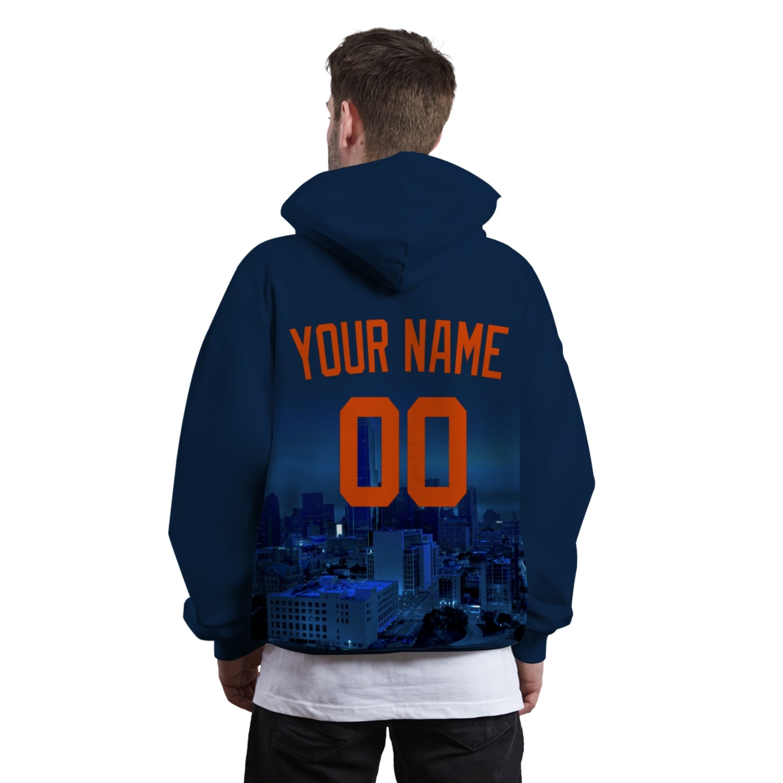 Custom Navy Blue Orange City Silhouette Style Fashion Athletic Pullover Sweatshirt Hoodie