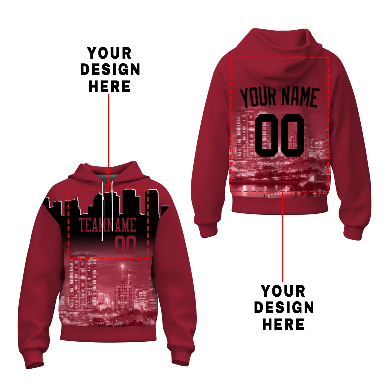 Custom  Brick Red Black City Silhouette Style Fashion Athletic Pullover Sweatshirt Hoodie