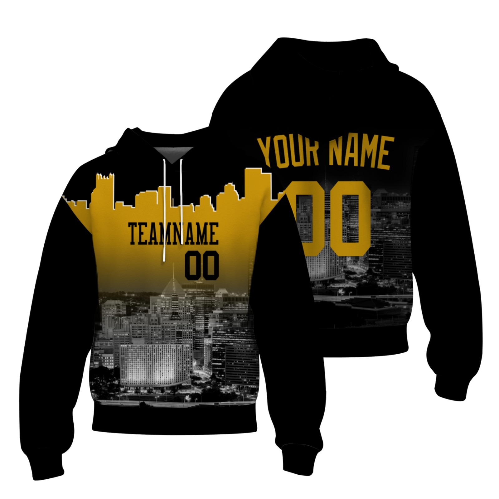 Custom Black Gold City Silhouette Style Fashion Athletic Pullover Sweatshirt Hoodie