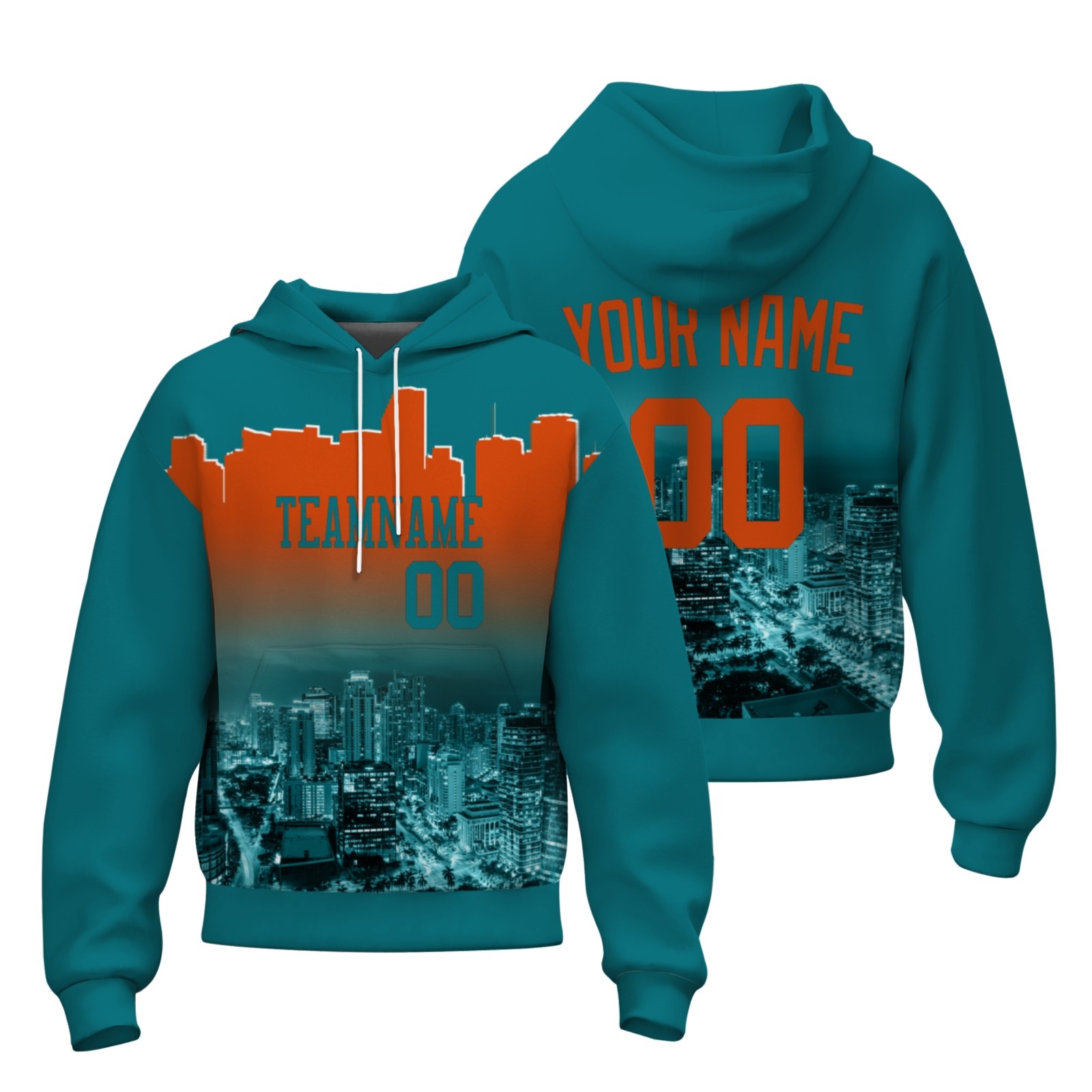 Custom Blue Green Orange City Silhouette Style Fashion Athletic Pullover Sweatshirt Hoodie