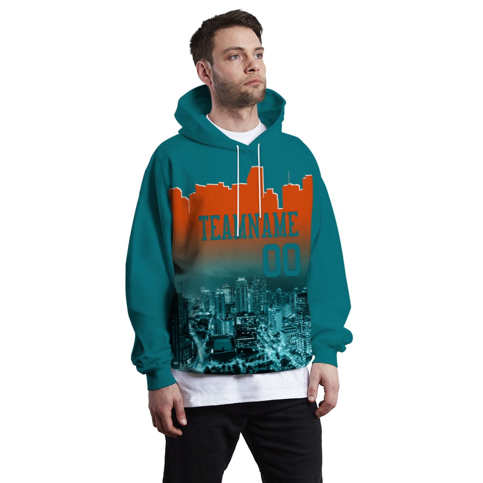 Custom Blue Green Orange City Silhouette Style Fashion Athletic Pullover Sweatshirt Hoodie