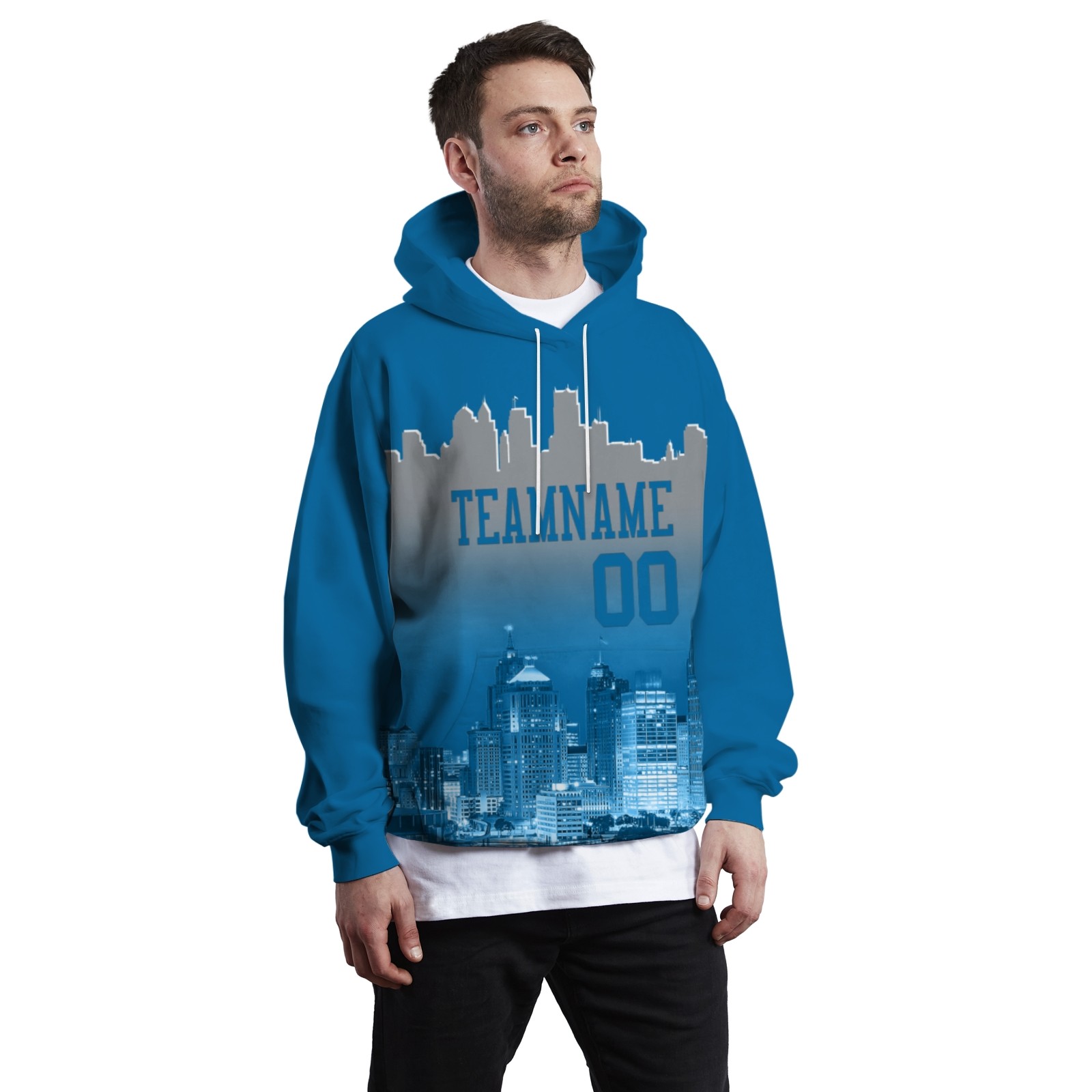 Custom Blue Gray City Silhouette Style Fashion Athletic Pullover Sweatshirt Hoodie