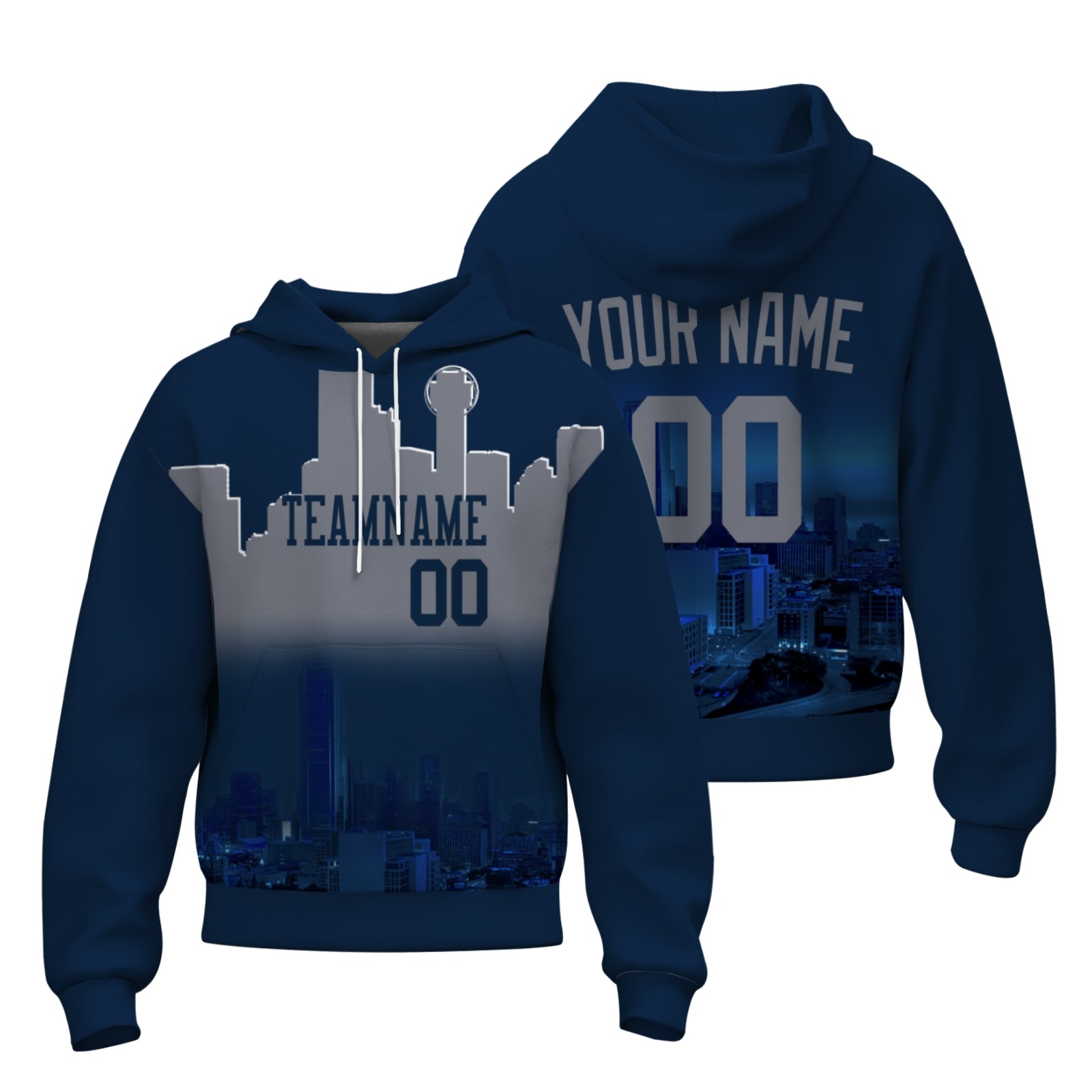 Custom Dark Blue Sliver Gray City Silhouette Style Fashion Athletic Pullover Sweatshirt Hoodie
