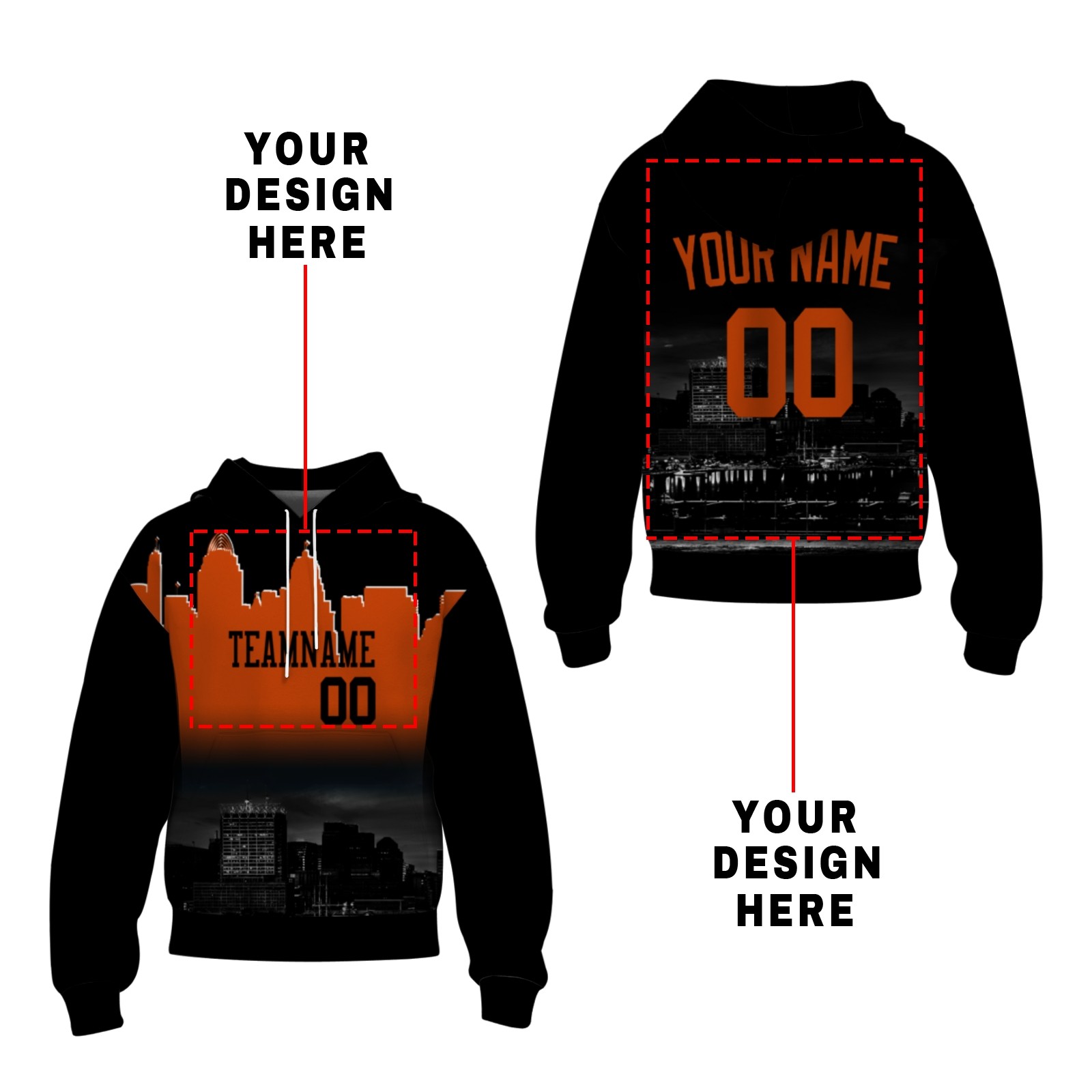 Custom Black Orange City Silhouette Style Fashion Athletic Pullover Sweatshirt Hoodie