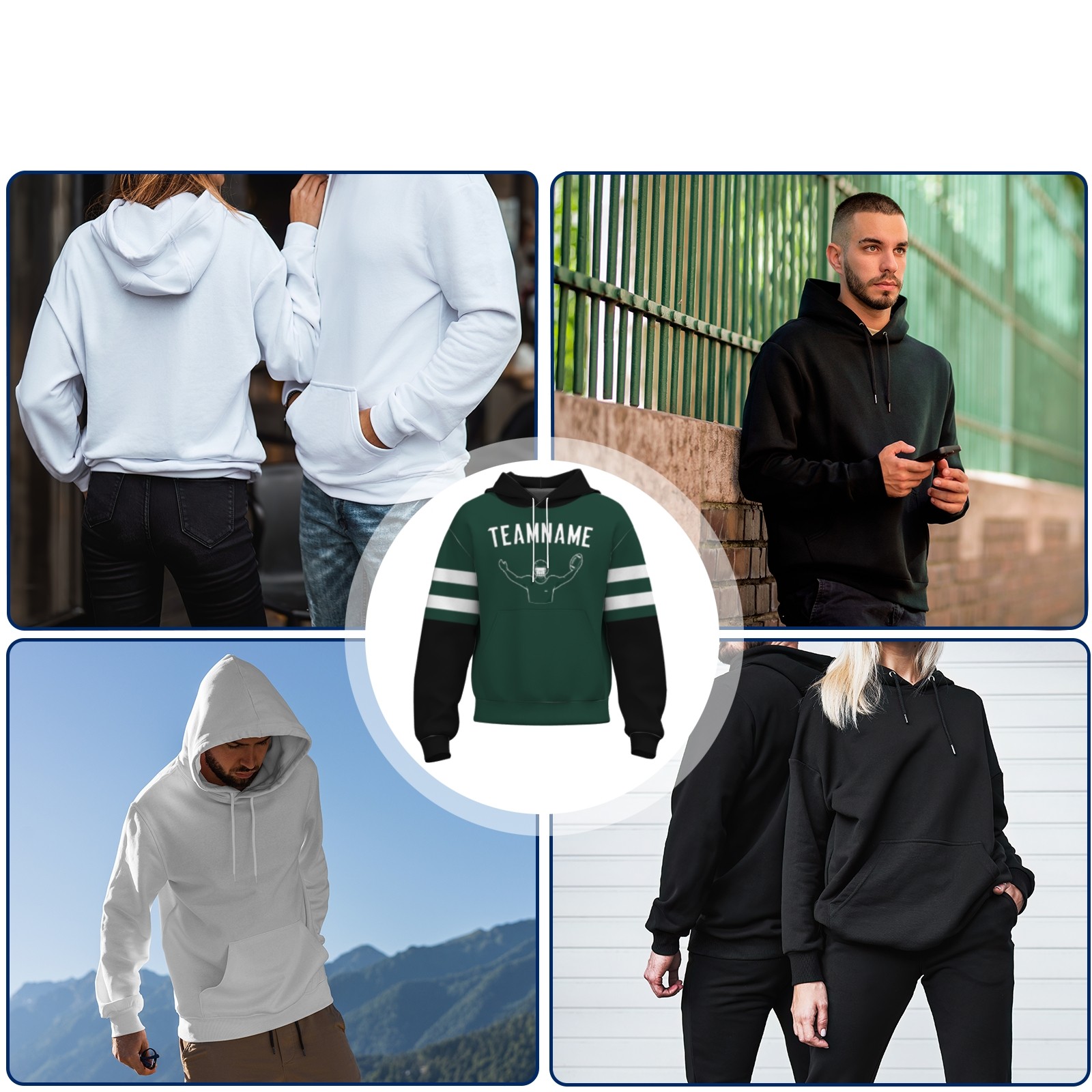 Custom Pine Green White Rugby Style Fashion Athletic Pullover Sweatshirt Hoodie