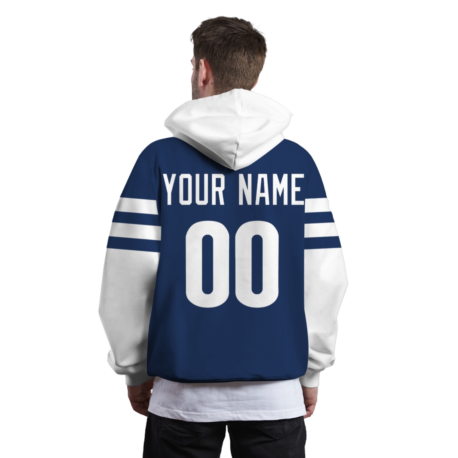 Custom Navy Blue White Rugby Style Fashion Athletic Pullover Sweatshirt Hoodie