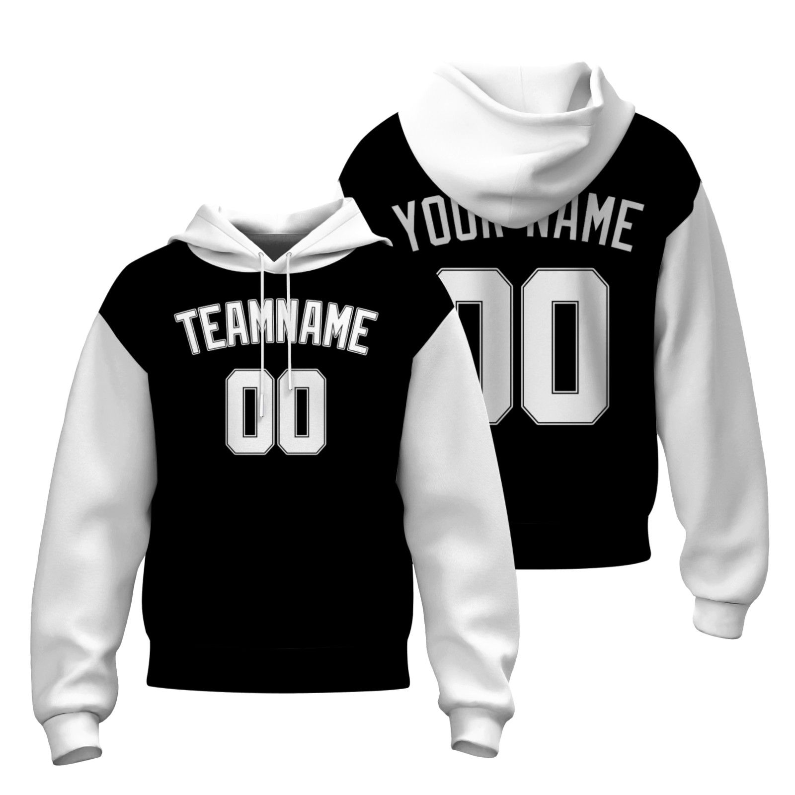 Custom Black White-Black Classic Style Sweatshirt Pullover Hoodie with Raglan Sleeves