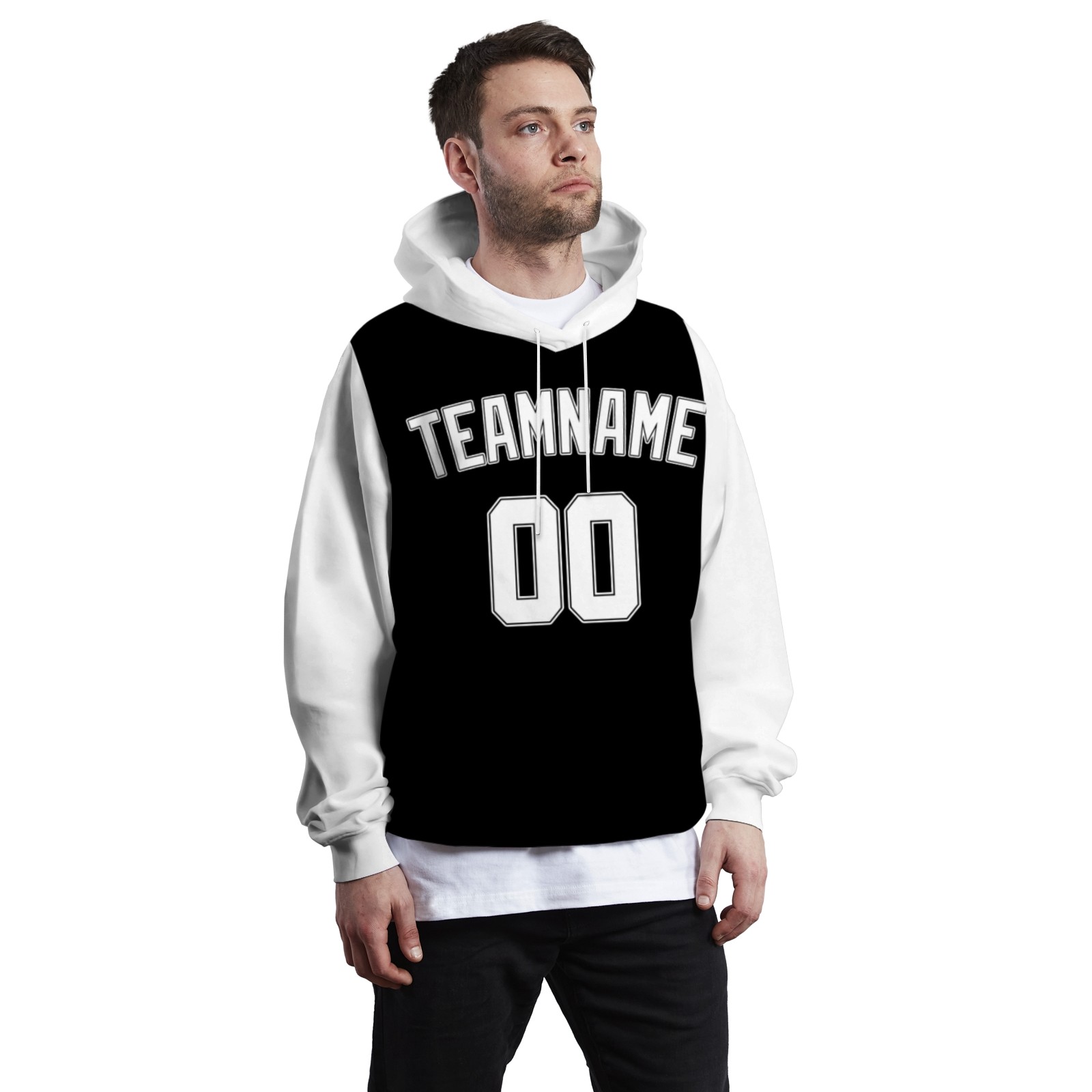 Custom Black White-Black Classic Style Sweatshirt Pullover Hoodie with Raglan Sleeves