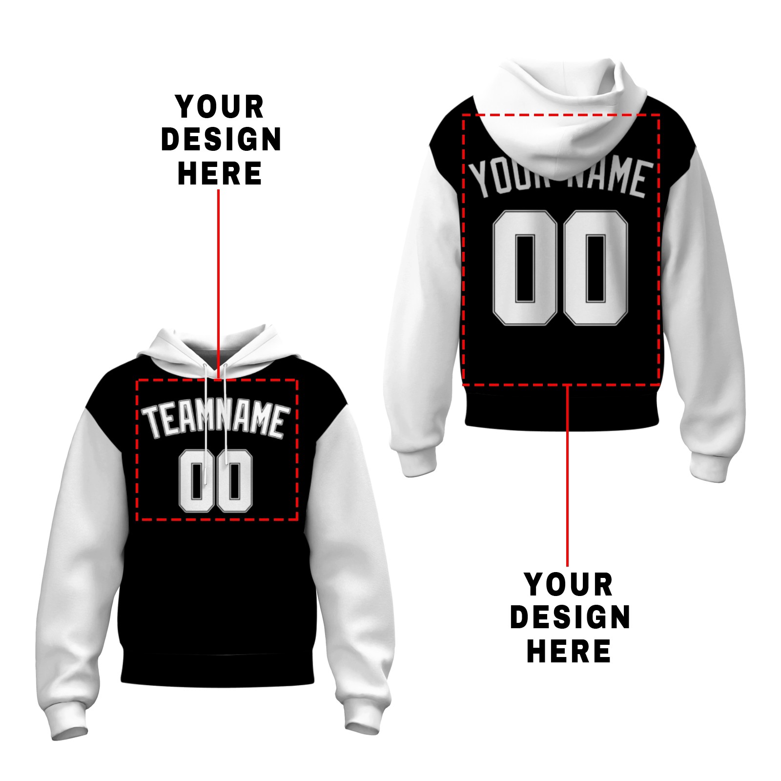Custom Black White-Black Classic Style Sweatshirt Pullover Hoodie with Raglan Sleeves