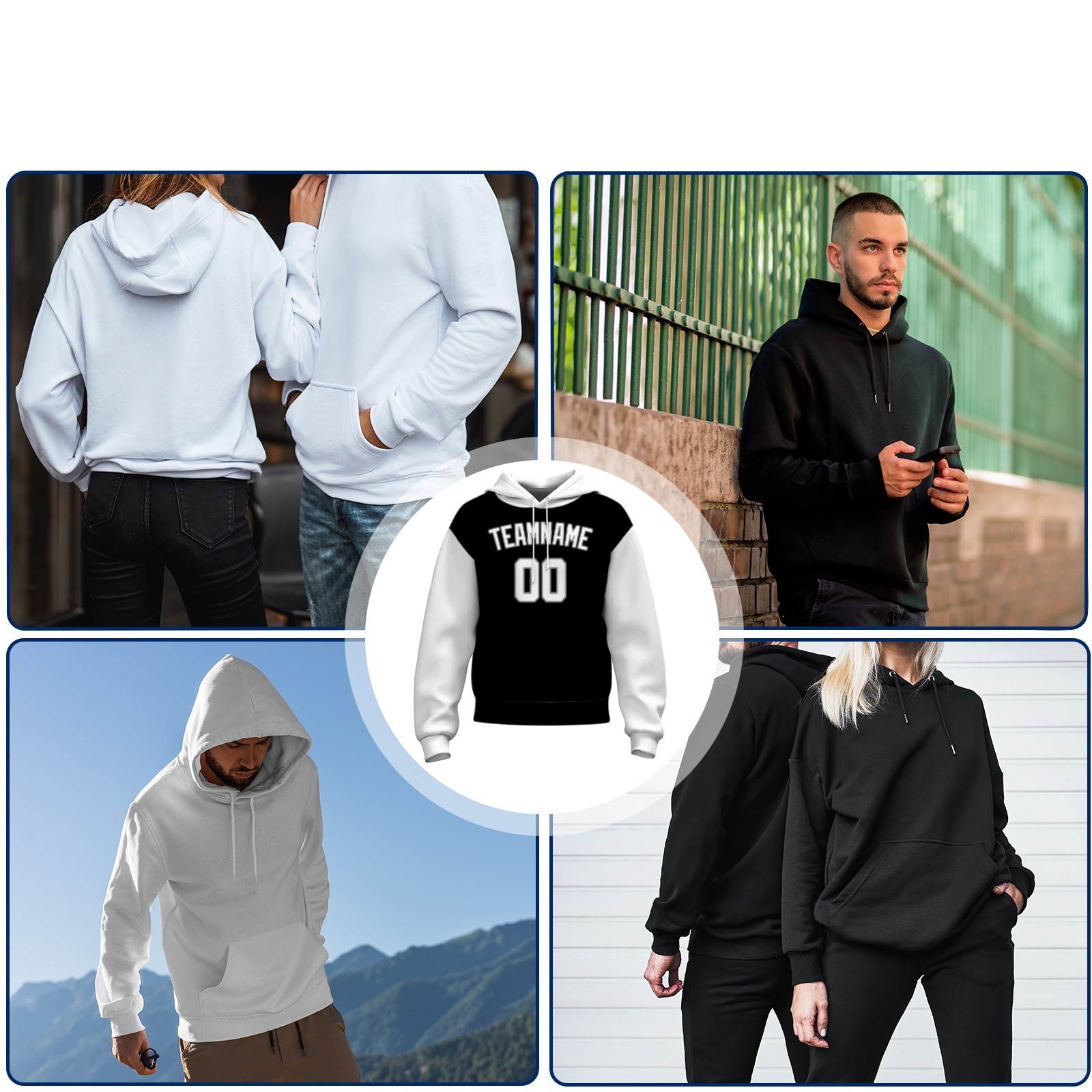 Custom Black White-Black Classic Style Sweatshirt Pullover Hoodie with Raglan Sleeves