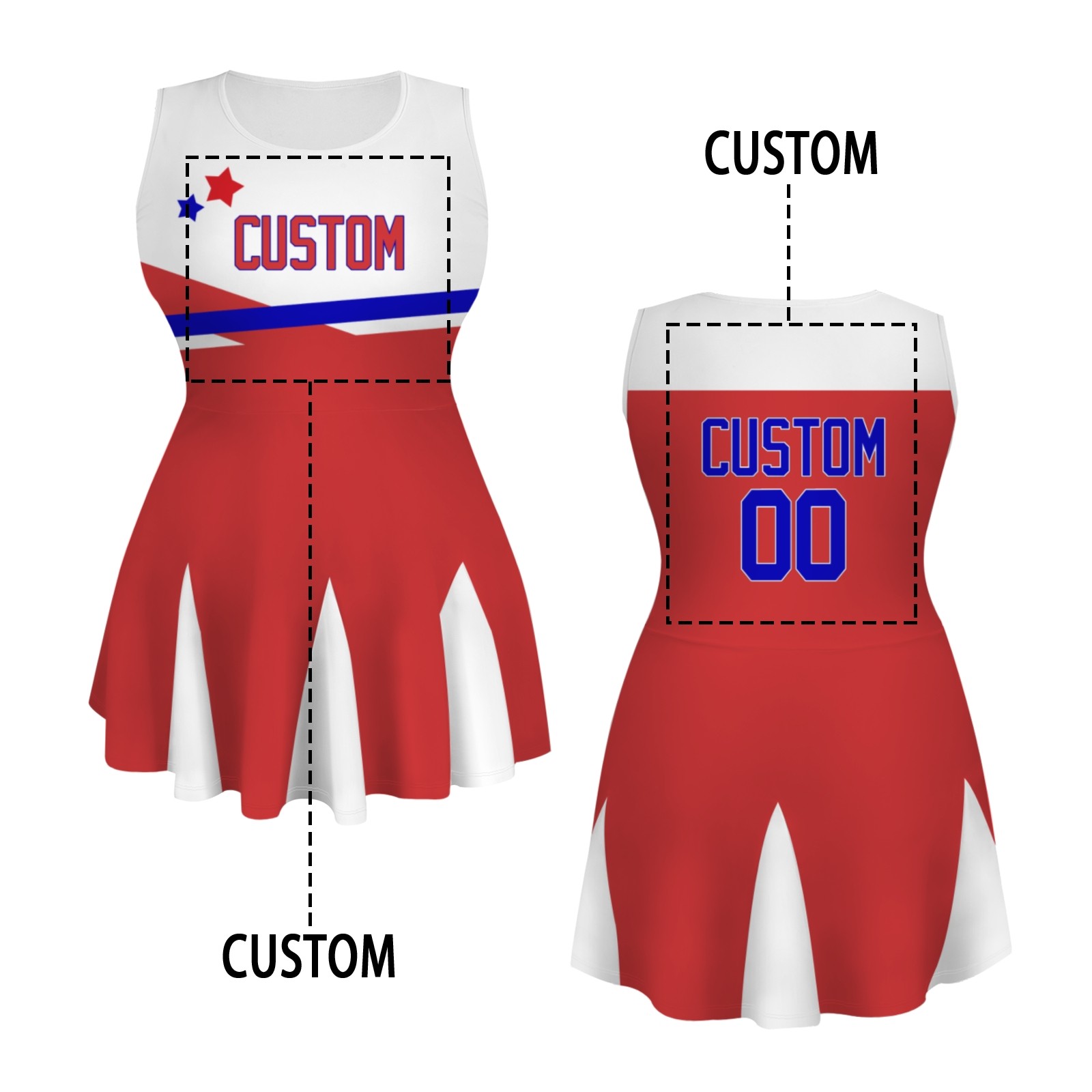 Custom Red Royal BlueWhite Stylish One-Piece Cheerleading Uniform