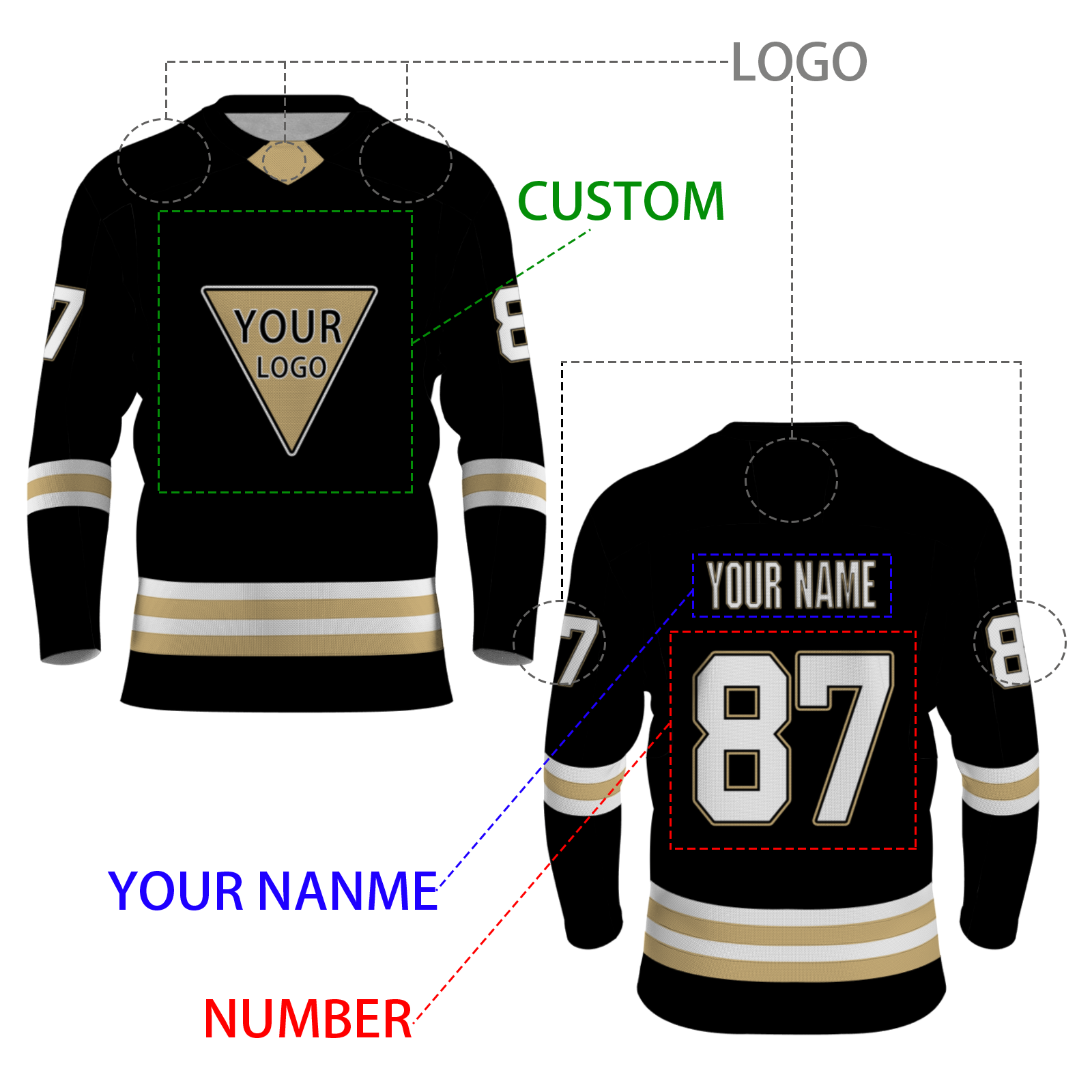 Custom Black Gold - White Personalized Fashion Classical Style Hockey Jersey