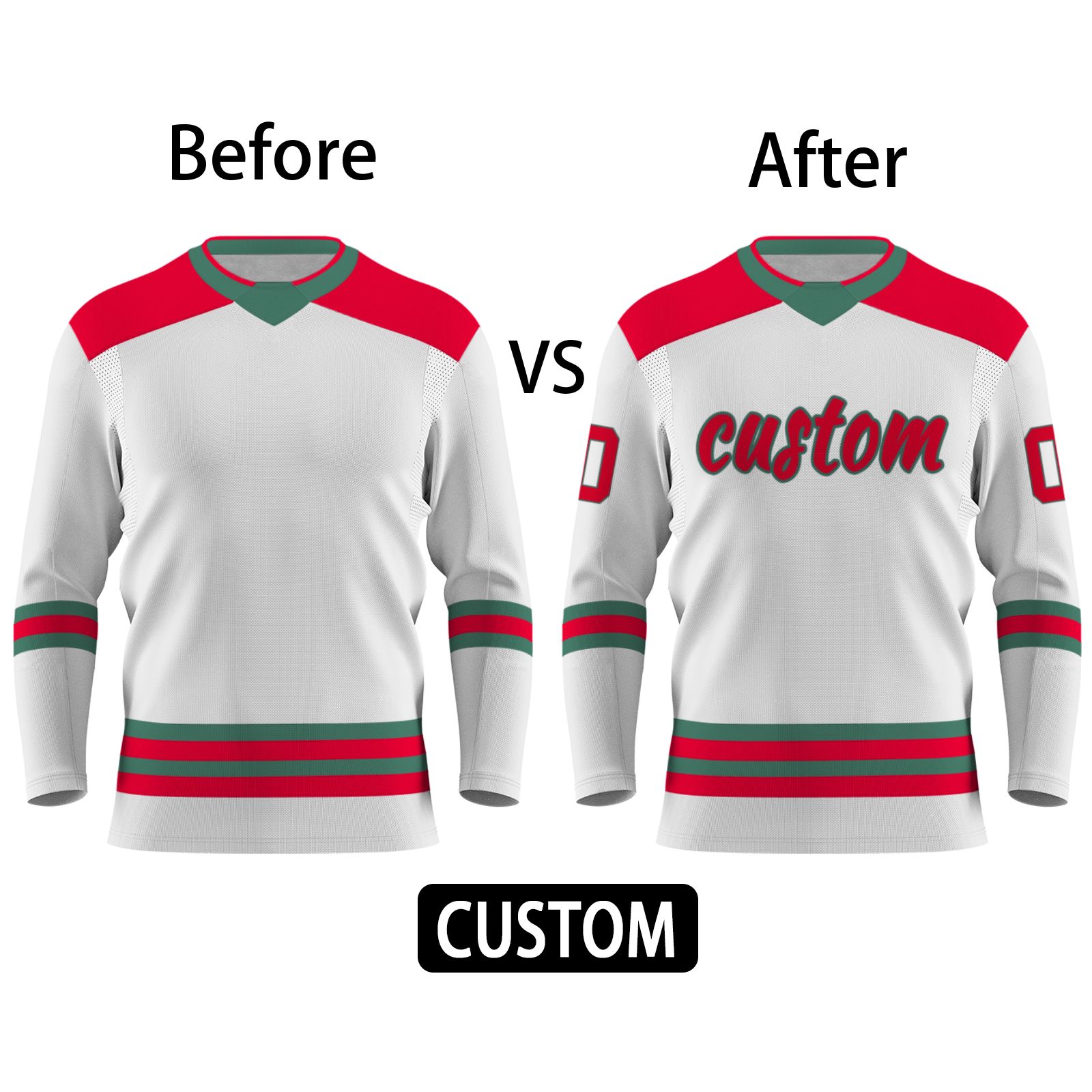Custom White Red - Green Personalized Classical Style Hockey Jersey