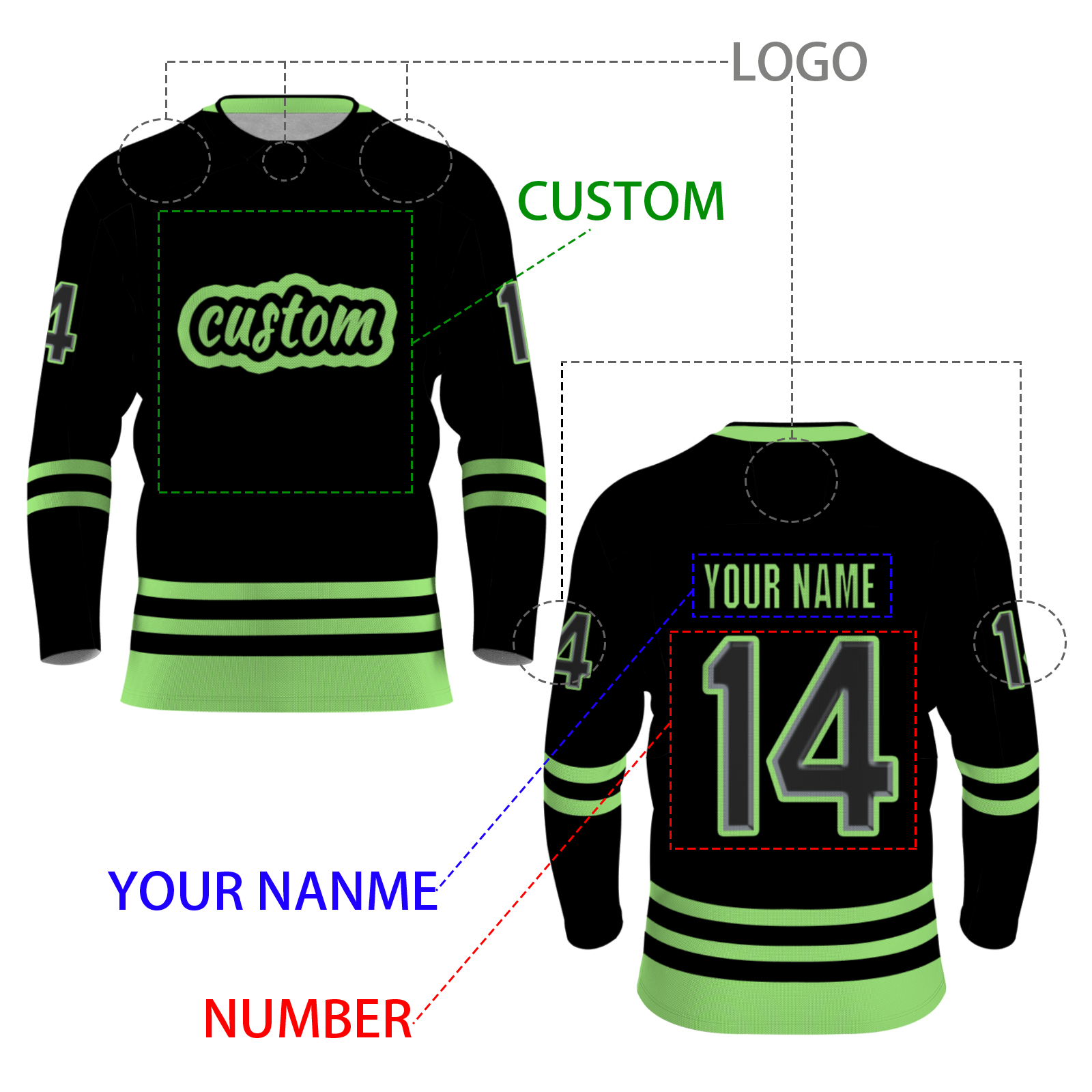 Custom Black -Light Green Personalized Classical Style Hockey Jersey