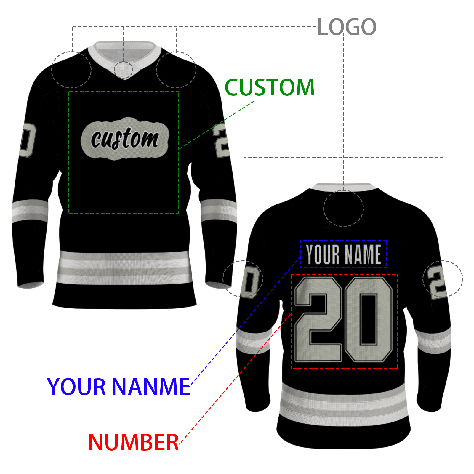 Custom Black Gray - White Classic V-Neck Classical Style Hockey Jersey