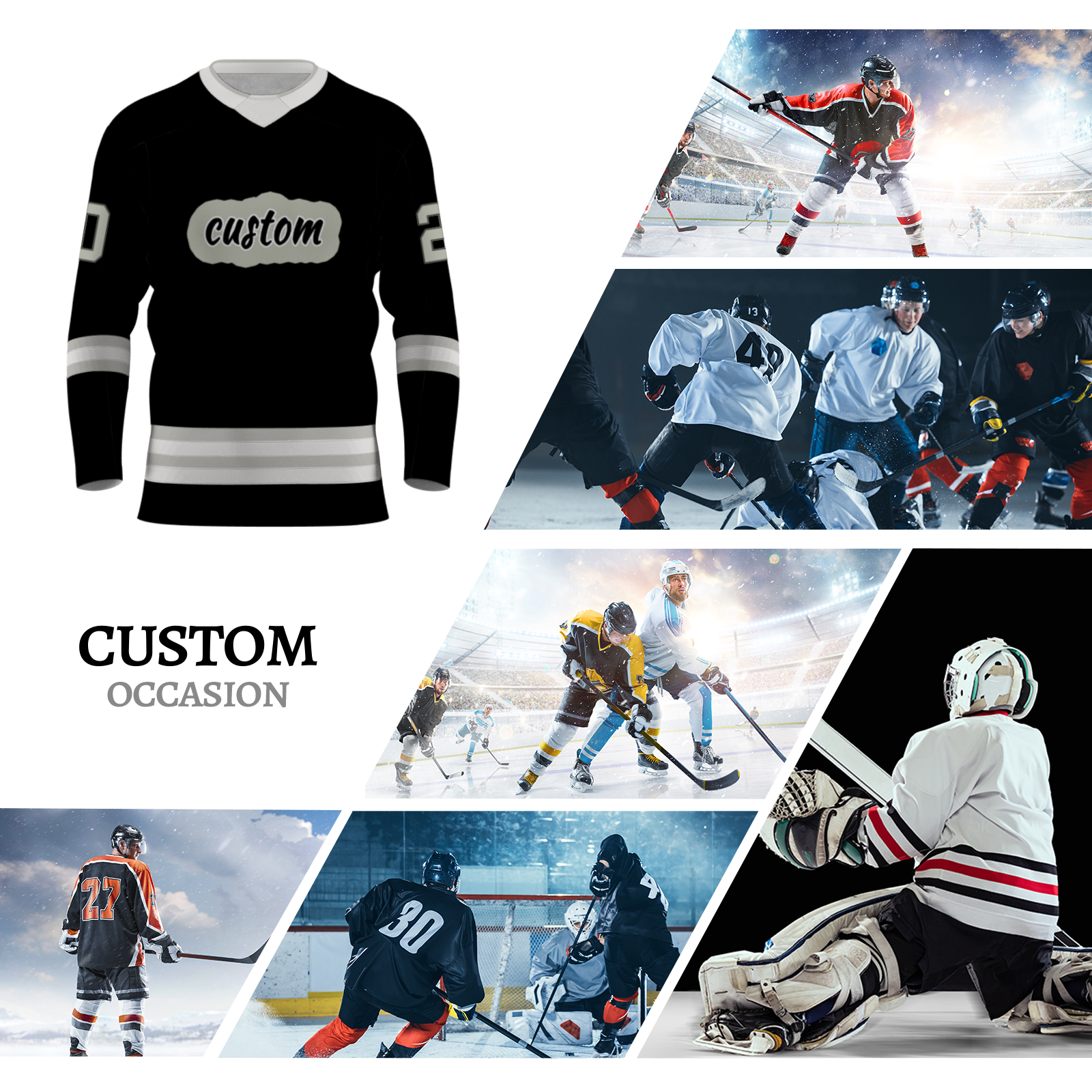 Custom Black Gray - White Classic V-Neck Classical Style Hockey Jersey