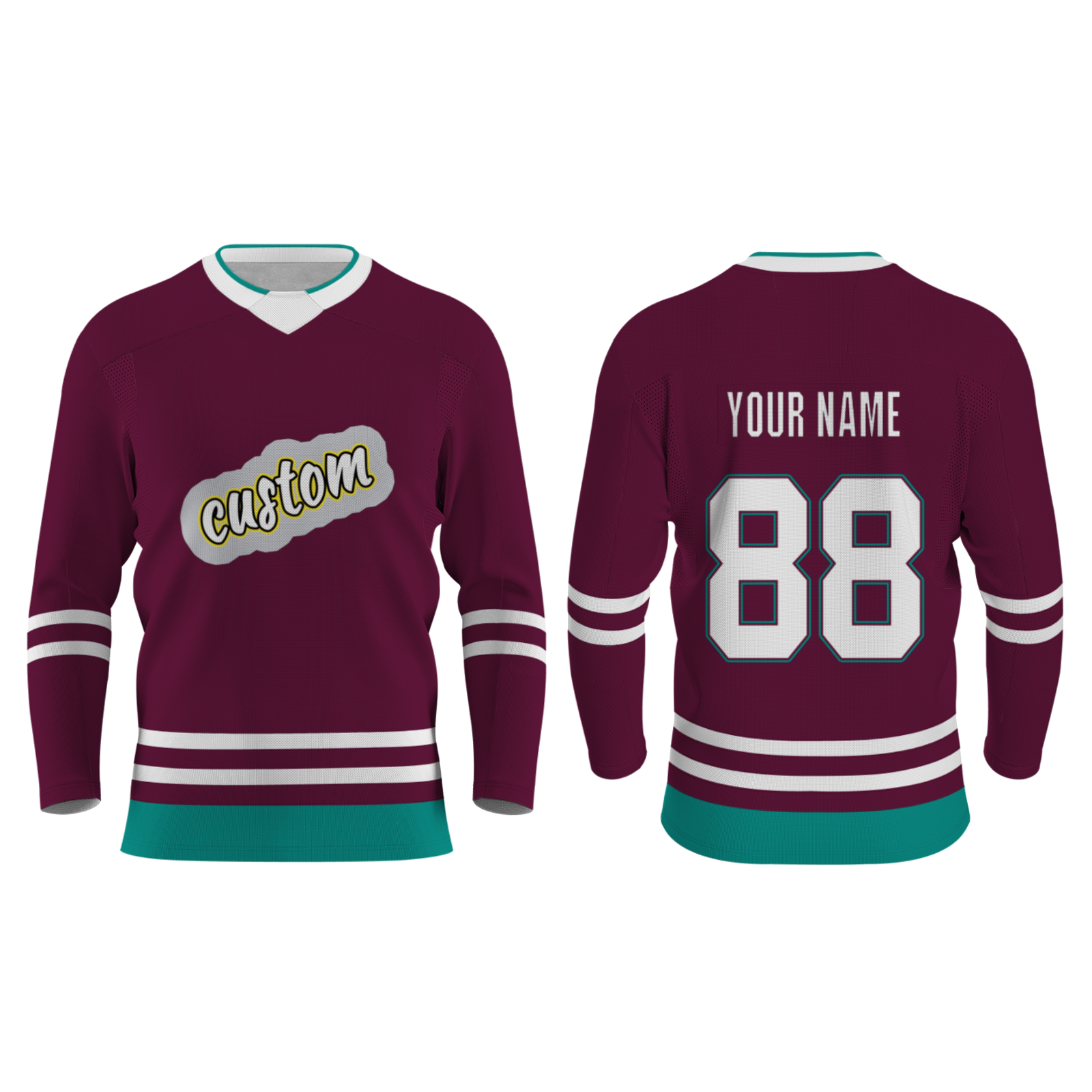Custom Burgundy White Green - Yellow Classical Style Hockey Jersey