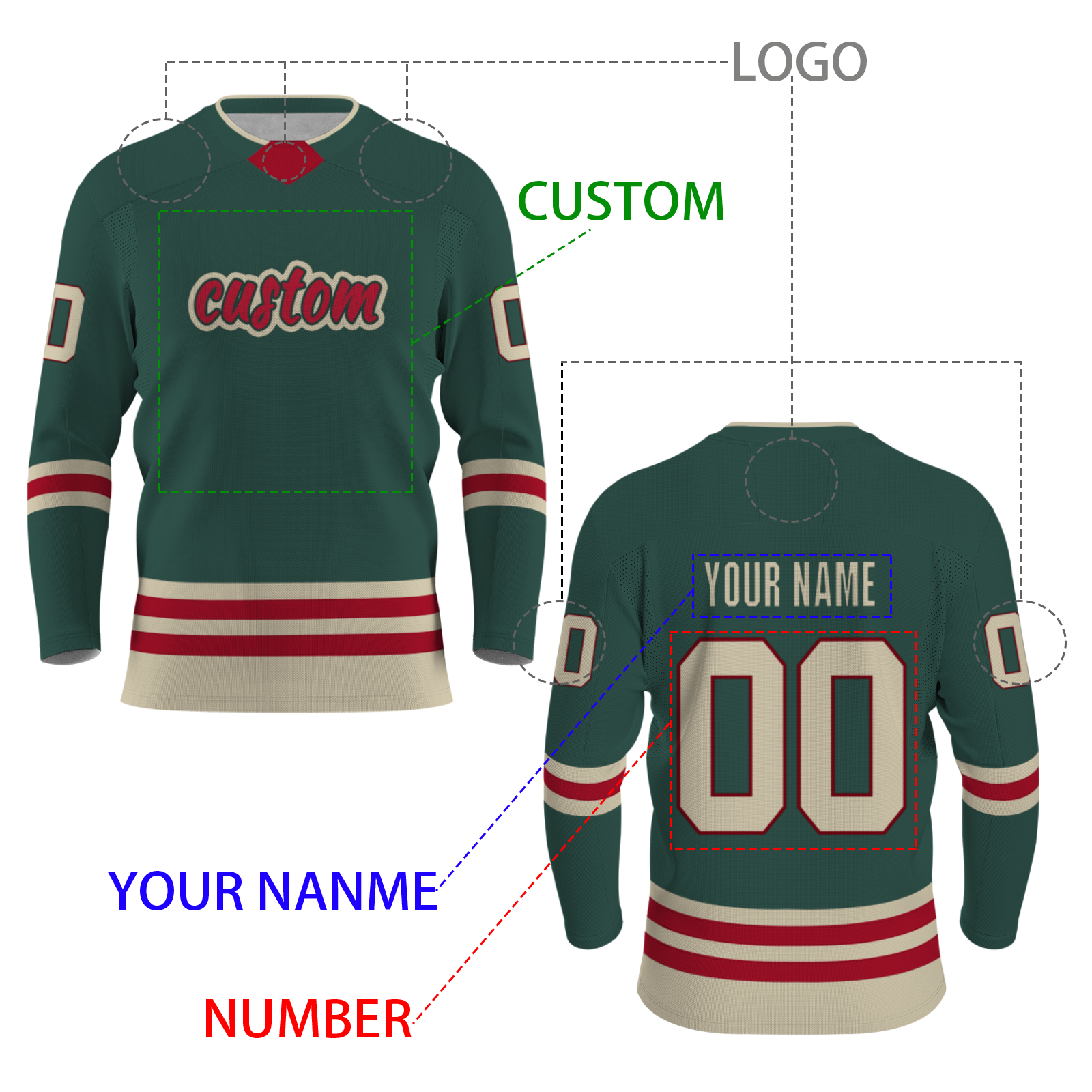 Custom Green Red -Khaki  Classical Style Hockey Jersey