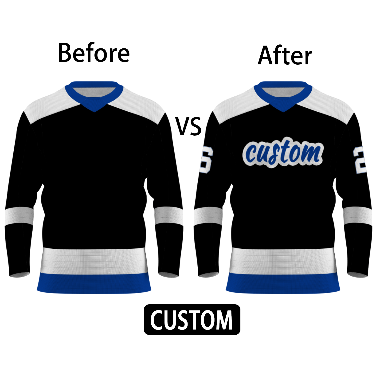 Custom Black White - Blue Personalized Fashion Classical Style Hockey Jersey