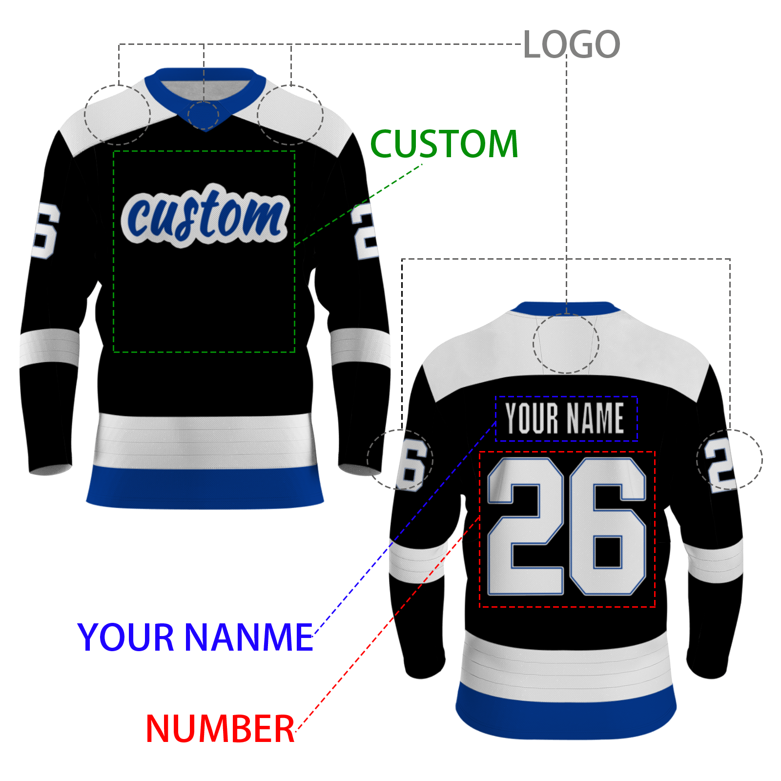 Custom Black White - Blue Personalized Fashion Classical Style Hockey Jersey