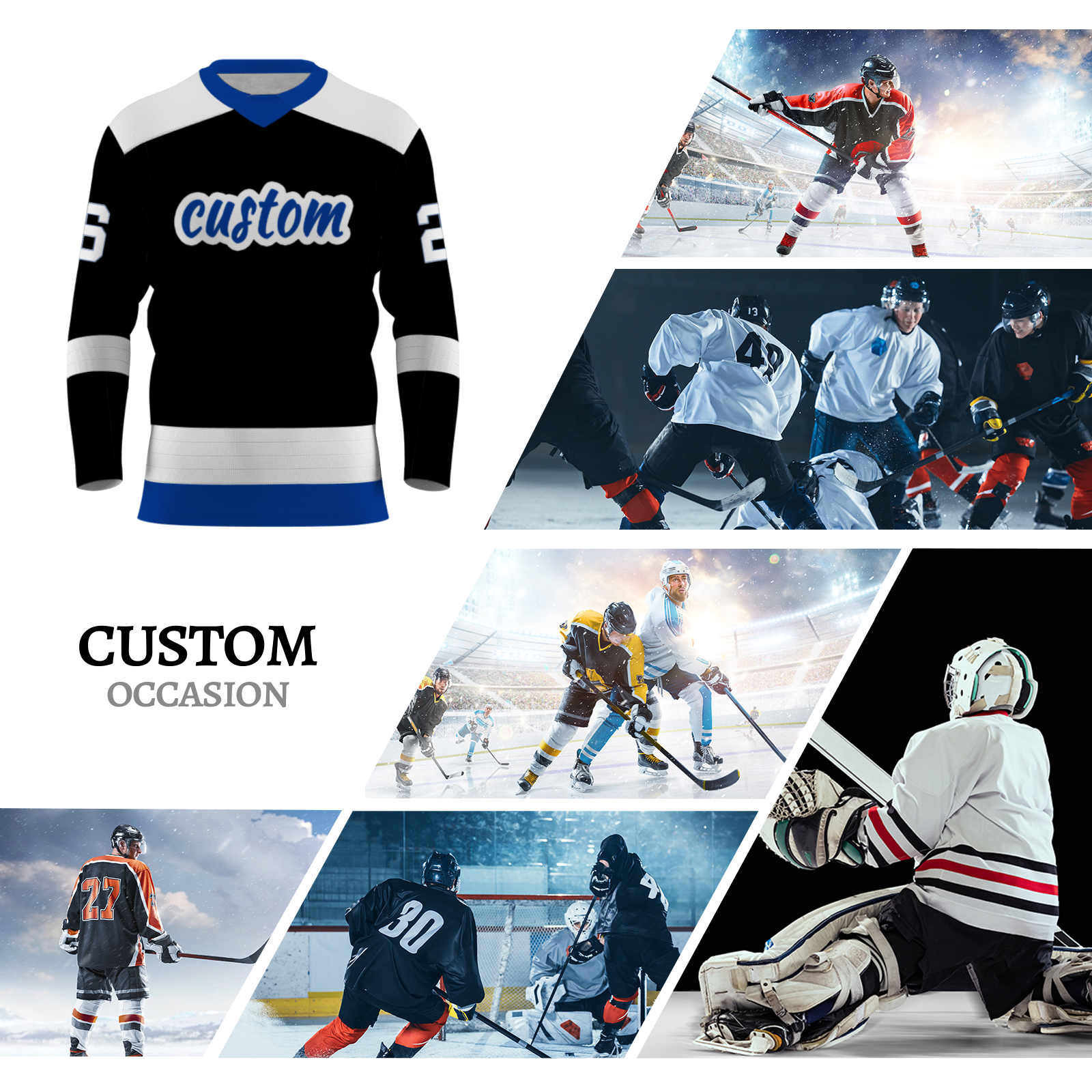 Custom Black White - Blue Personalized Fashion Classical Style Hockey Jersey