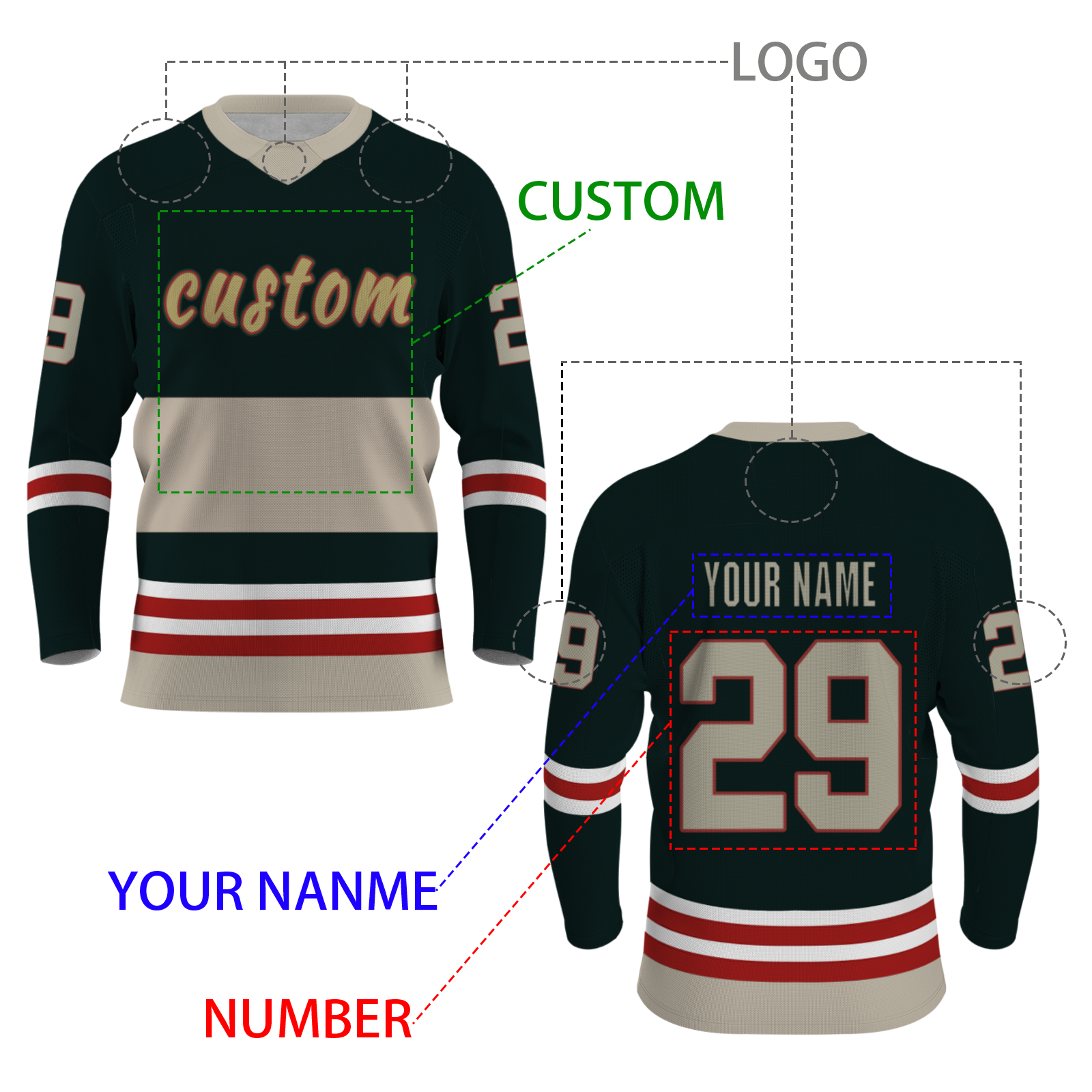 Custom Dark Green Yellow Khaki-Red Personalized Fashion Classical Style Hockey Jersey