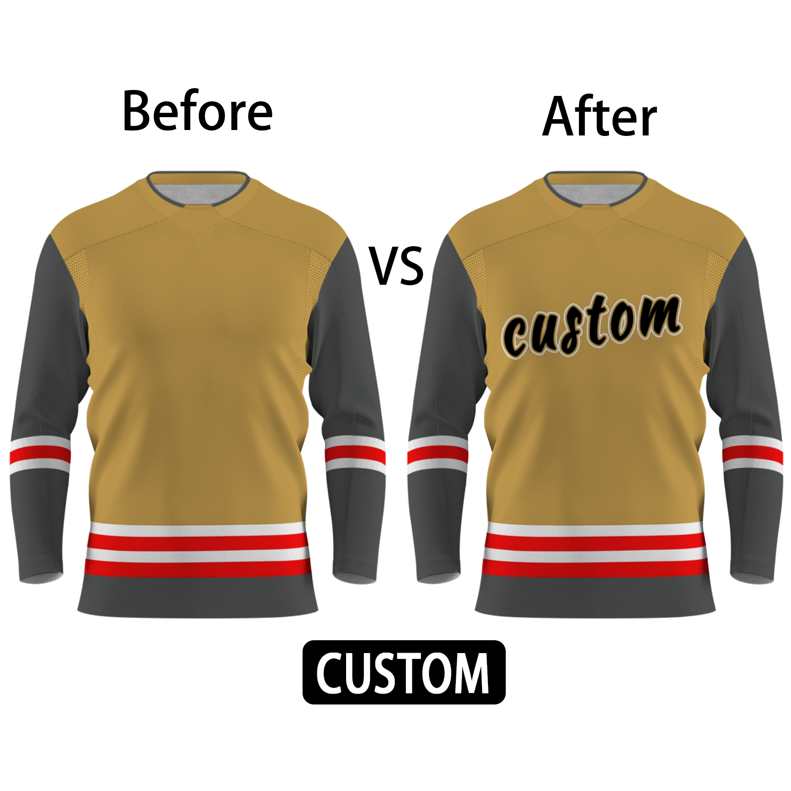 Custom Dark Yellow Gray White - Red V-Neck Classical Style Hockey Jersey