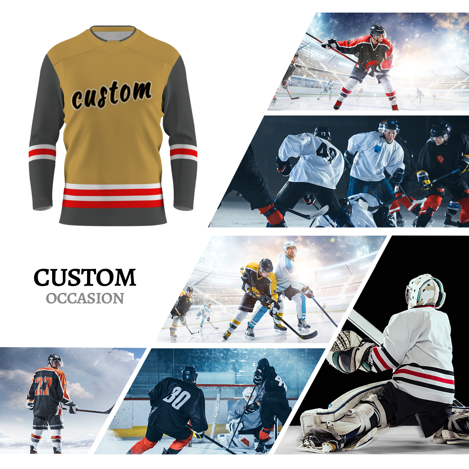 Custom Dark Yellow Gray White - Red V-Neck Classical Style Hockey Jersey