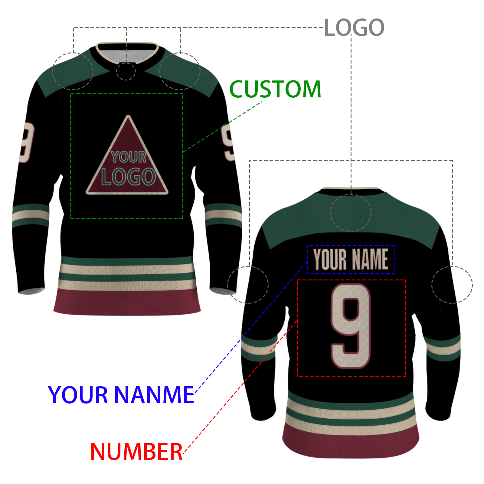 Custom Black Dark Green Khaki. - Burgundy Classical Style Hockey Jersey