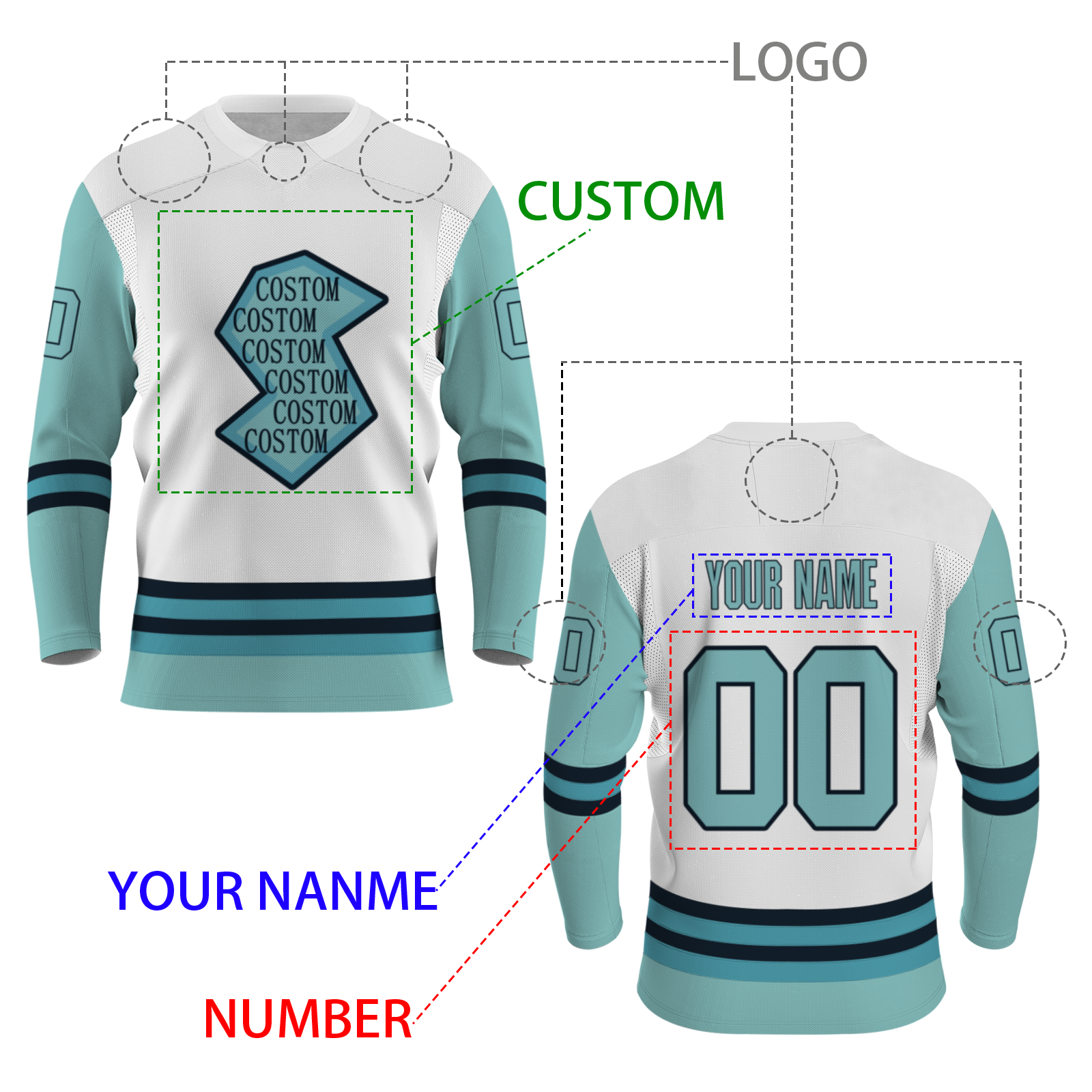 Custom White Mint Green Black - Blue Personalized Fashion Classical Style Hockey Jersey