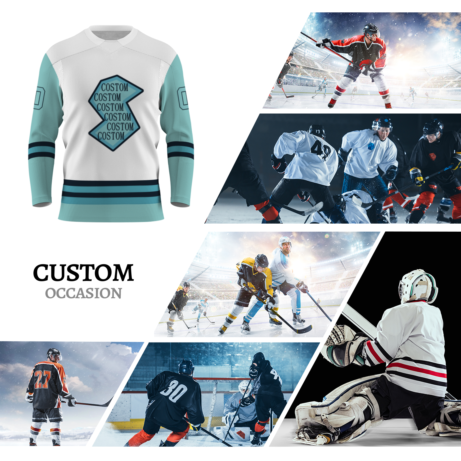 Custom White Mint Green Black - Blue Personalized Fashion Classical Style Hockey Jersey