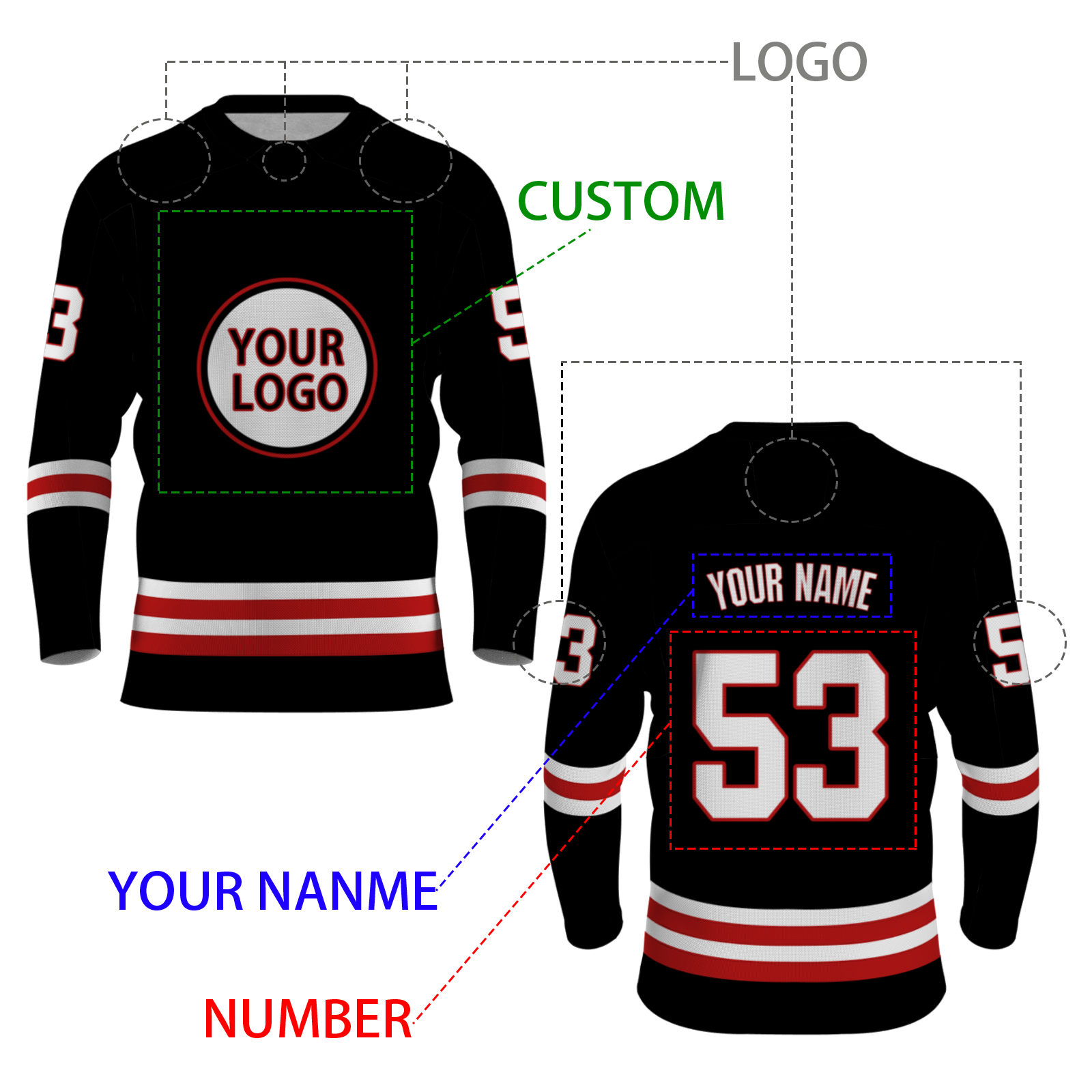 Custom Black Red - White Classical Style Hockey Jersey