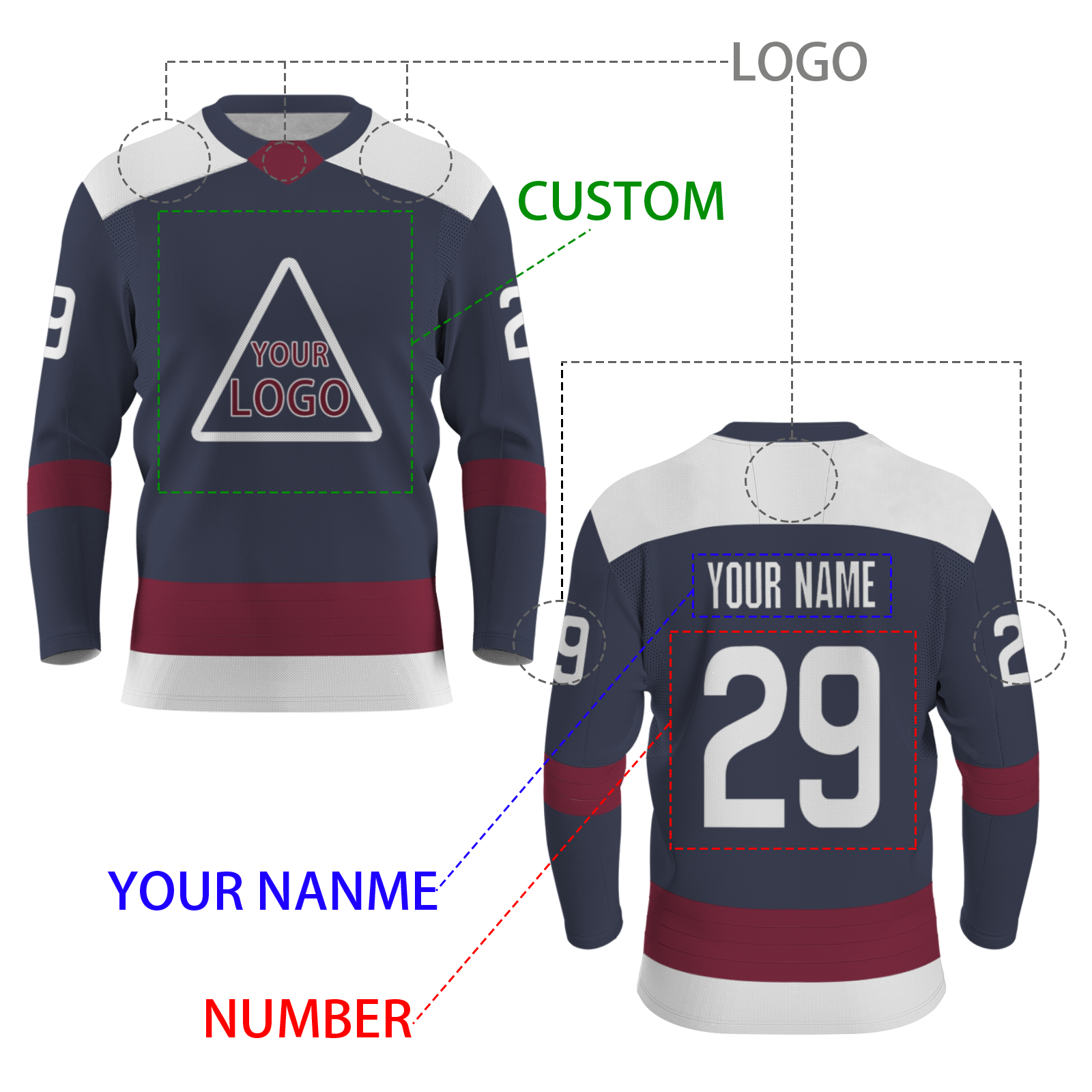 Custom Navy Blue Burgundy - White Personalized Fashion Classical Style Hockey Jersey