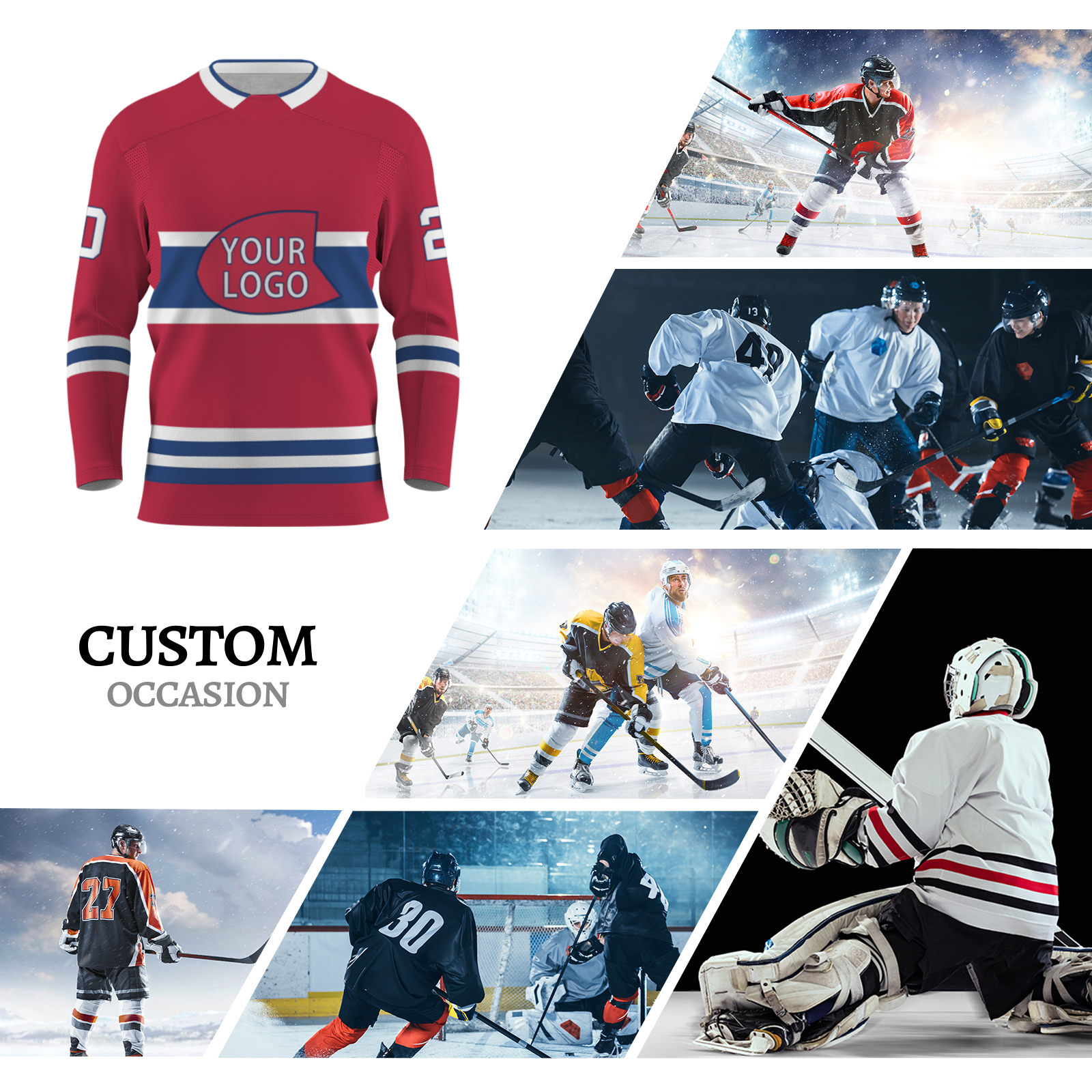 Custom Red Blue - White V-Neck Classical Style Hockey Jersey
