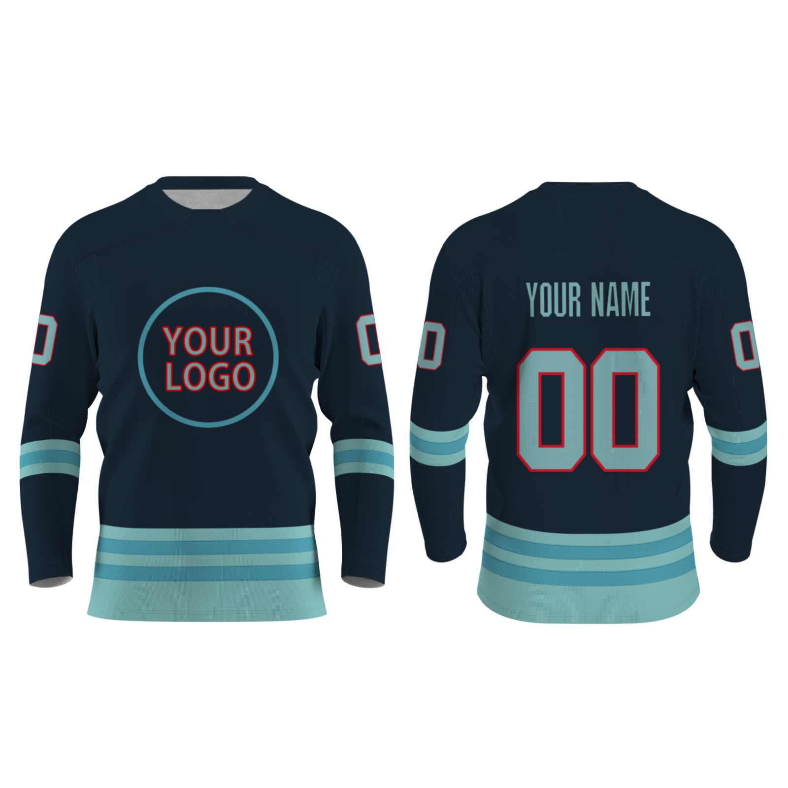 Custom Dark Blue Mint Green Light Blue - Red Classical Style Hockey Jersey