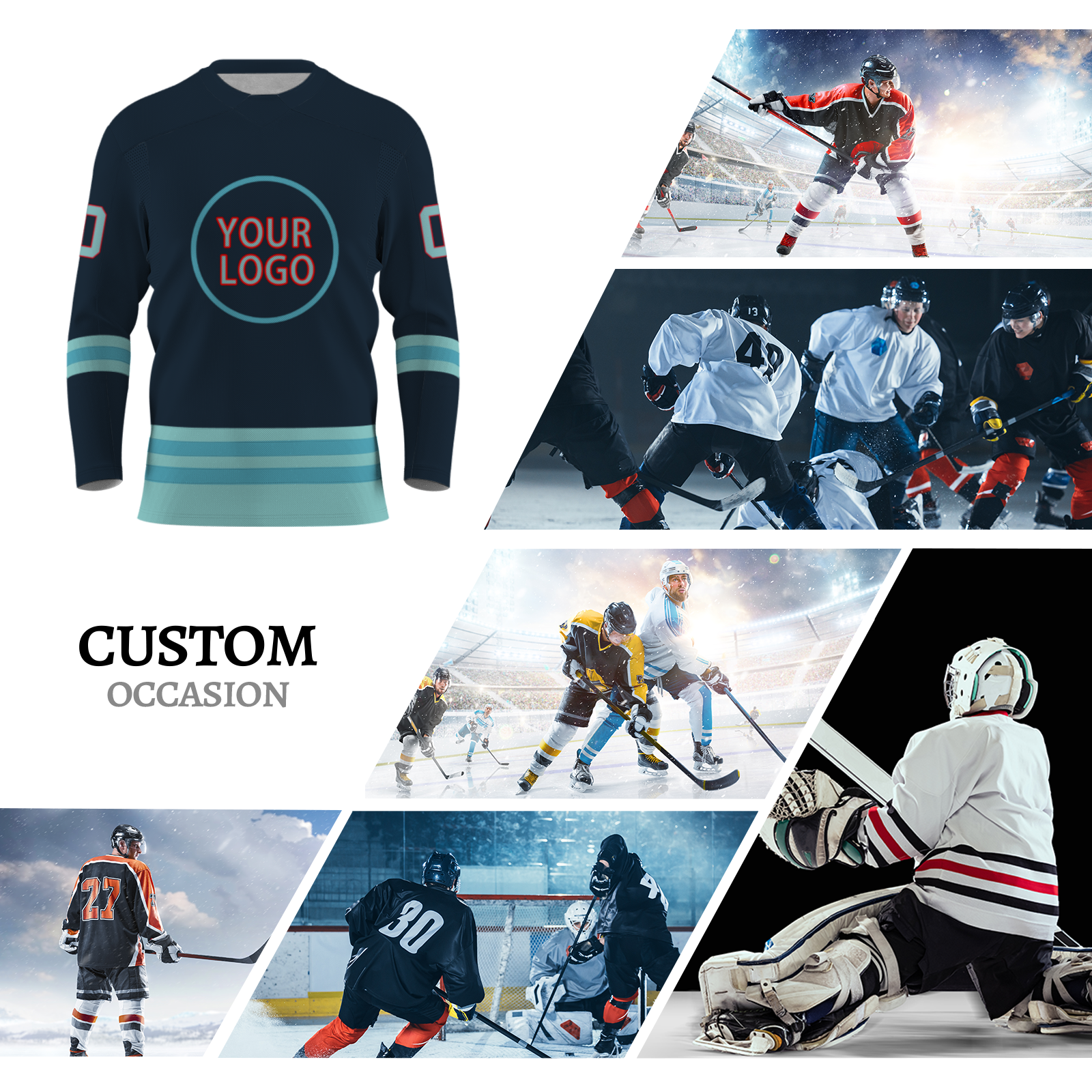 Custom Dark Blue Mint Green Light Blue - Red Classical Style Hockey Jersey