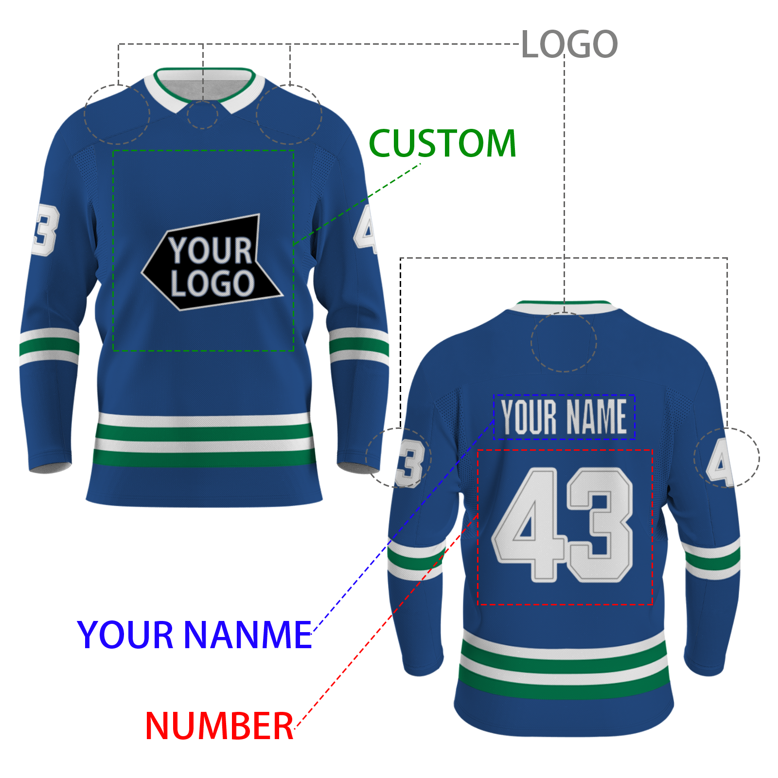 Custom Blue Black White - Green Personalized Fashion Classical Style Hockey Jersey