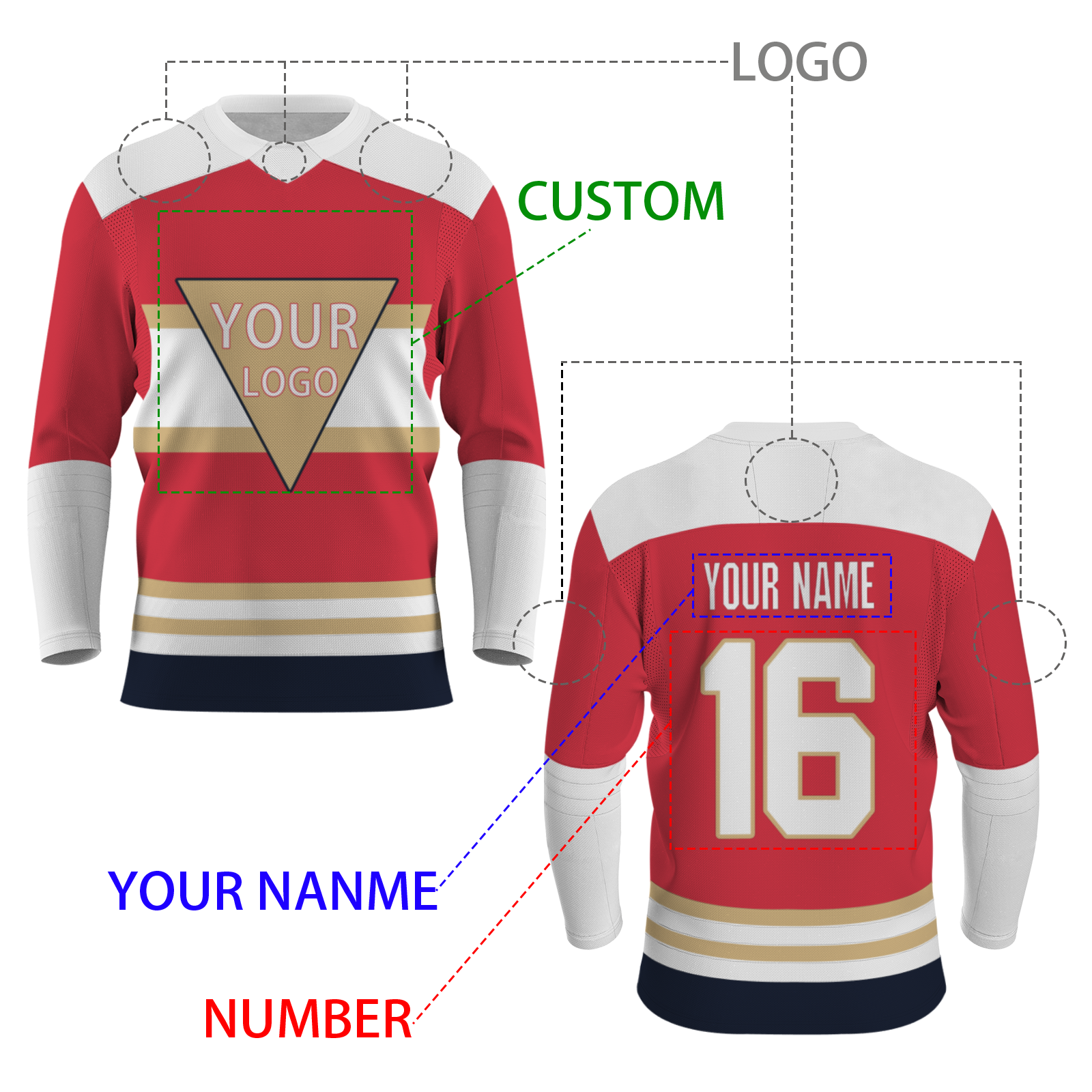 Custom Red Khaki White - Dark Blue V-Neck Classical Style Hockey Jersey