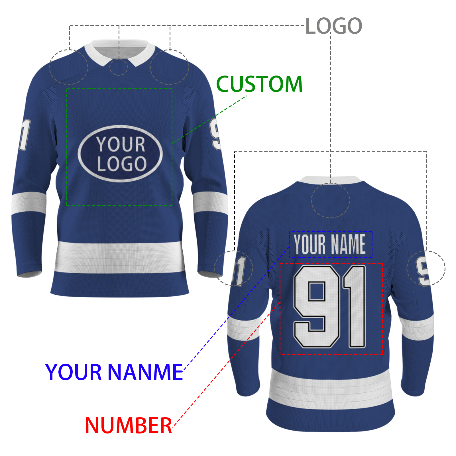 Custom Navy Blue Dark Blue - White V-Neck Classical Style Hockey Jersey