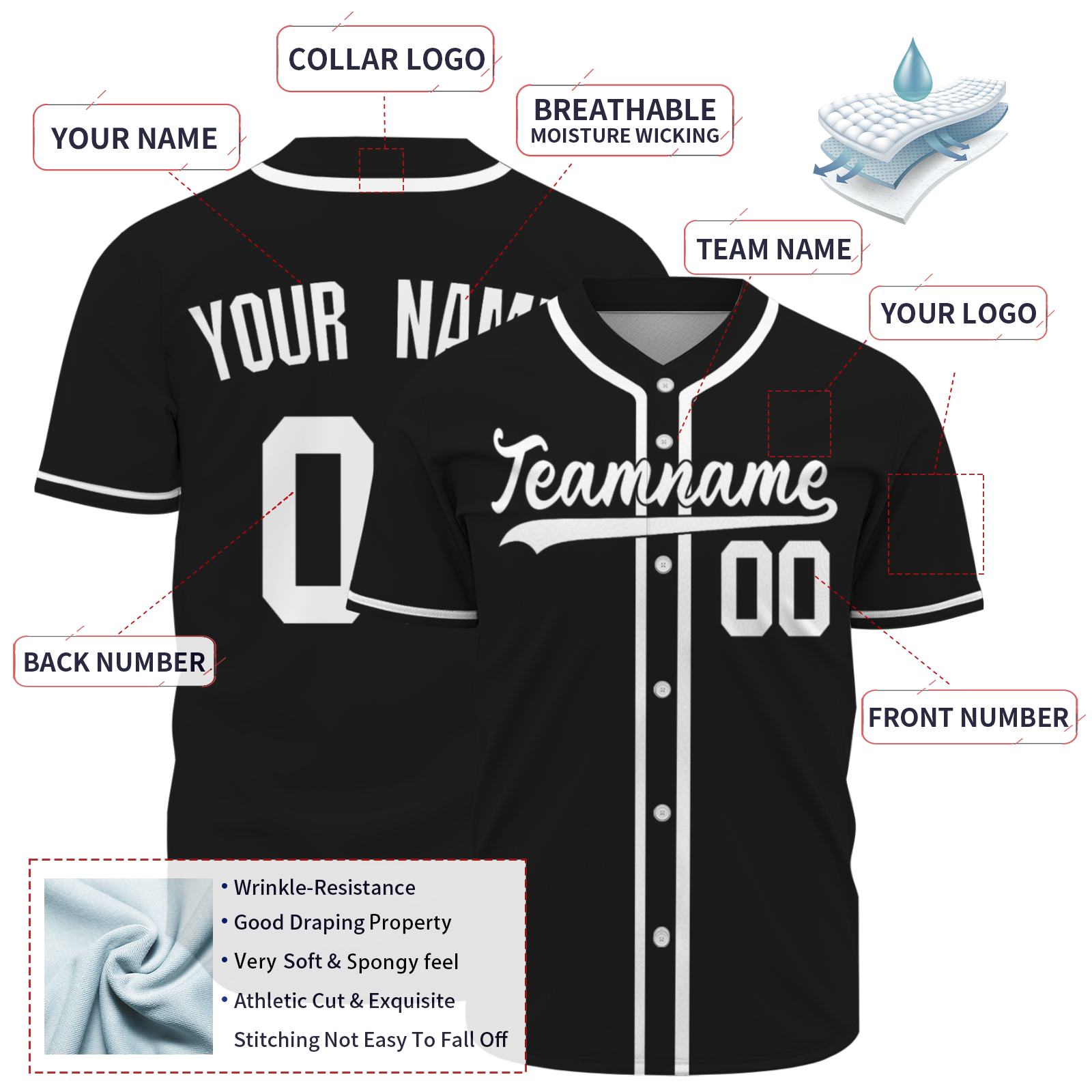 Custom Black White Fashion Design Full Button Authentic Baseball Jersey