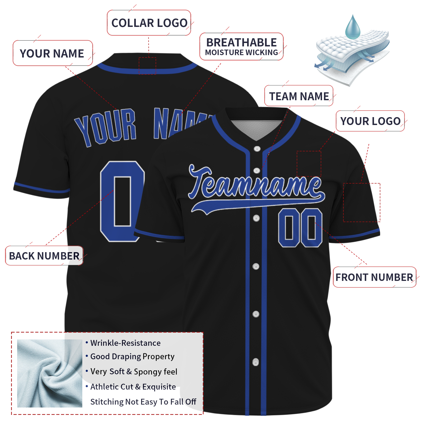 Custom Black Blue - White Baseball Jersey Stitched Personalized Uniform For Men Women Boy