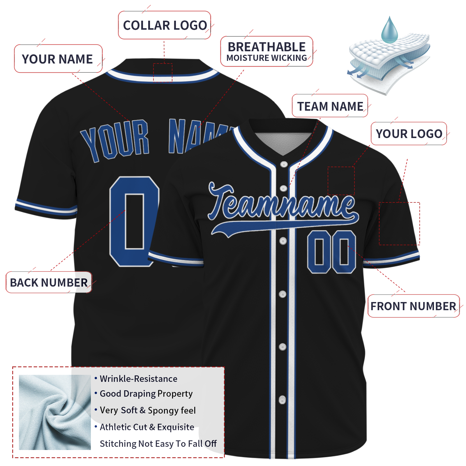 Custom Black Blue - White Baseball Jersey Stitched Personalized Uniform For Men Women Boy