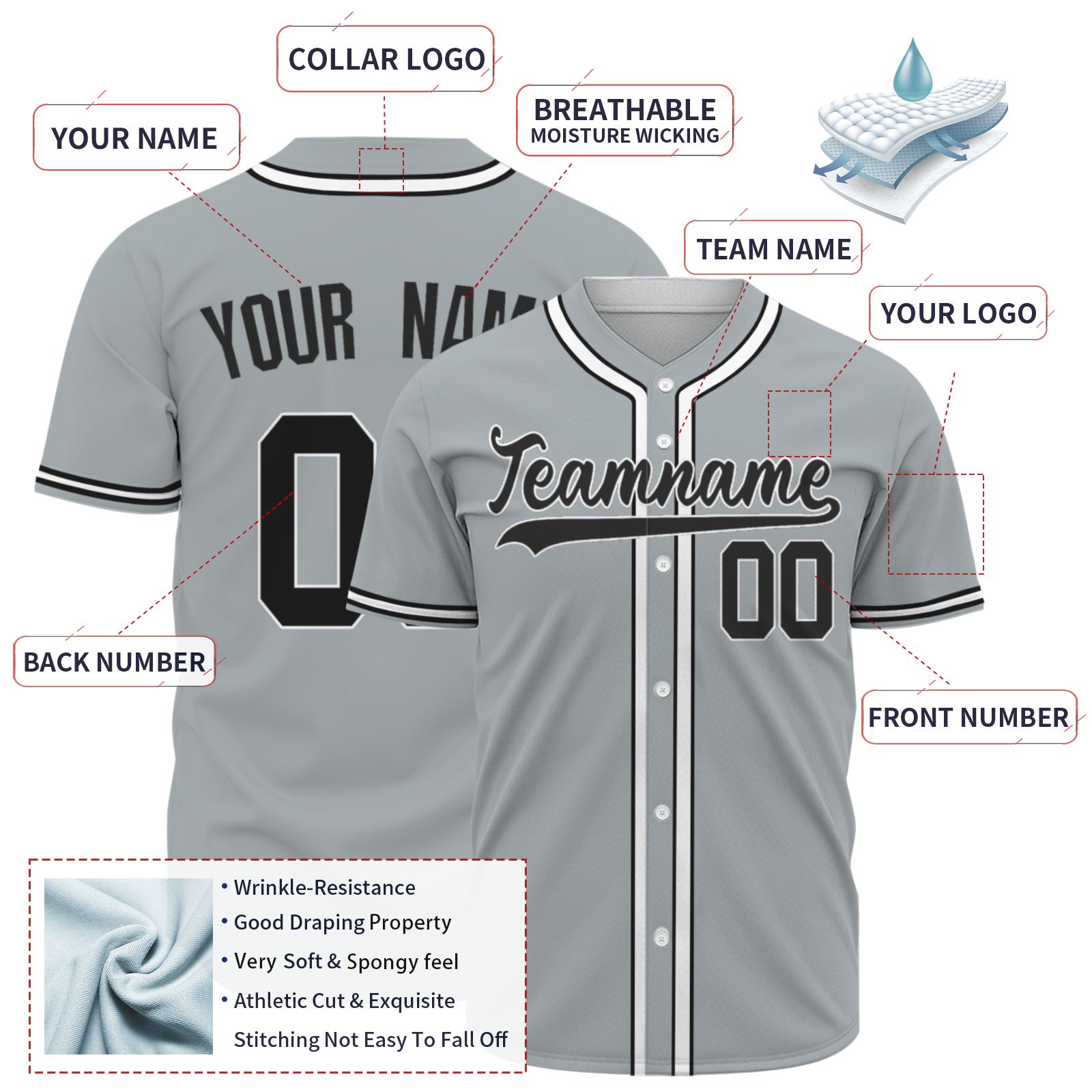 Custom Gray Black Solider Classic Style Authentic Baseball Sports Jersey