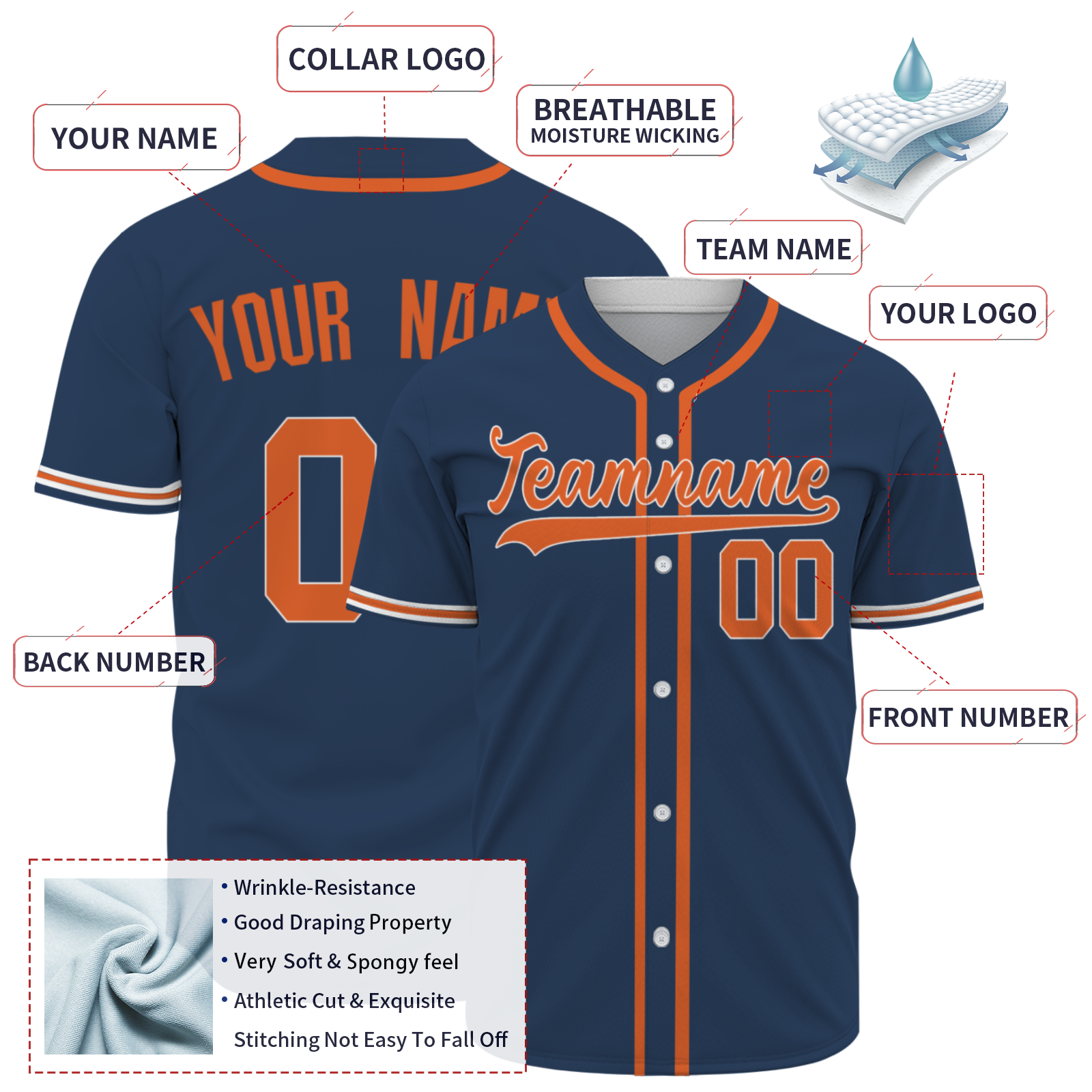 Custom Navy Orange Solider Classic Style Hip Hop Authentic Baseball Sports Jersey