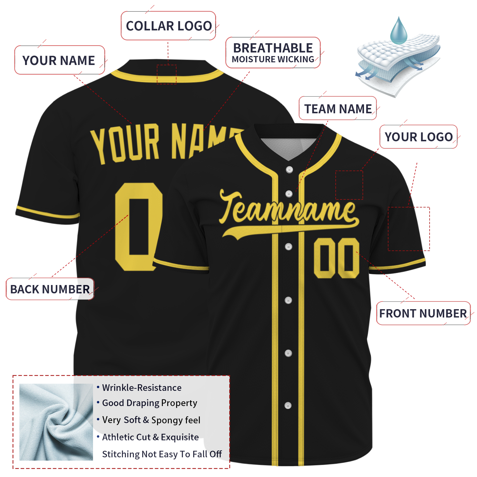 Custom Black Gold Solider Classic Style Hip Hop Authentic Baseball Sports Jersey