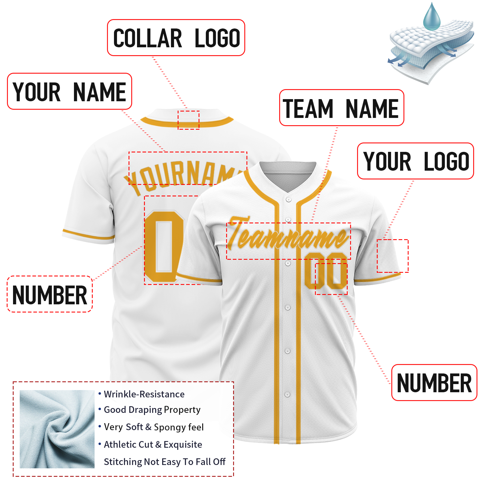 Custom White Yellow Classic Style Fashion Design Full Button Authentic Baseball Jersey
