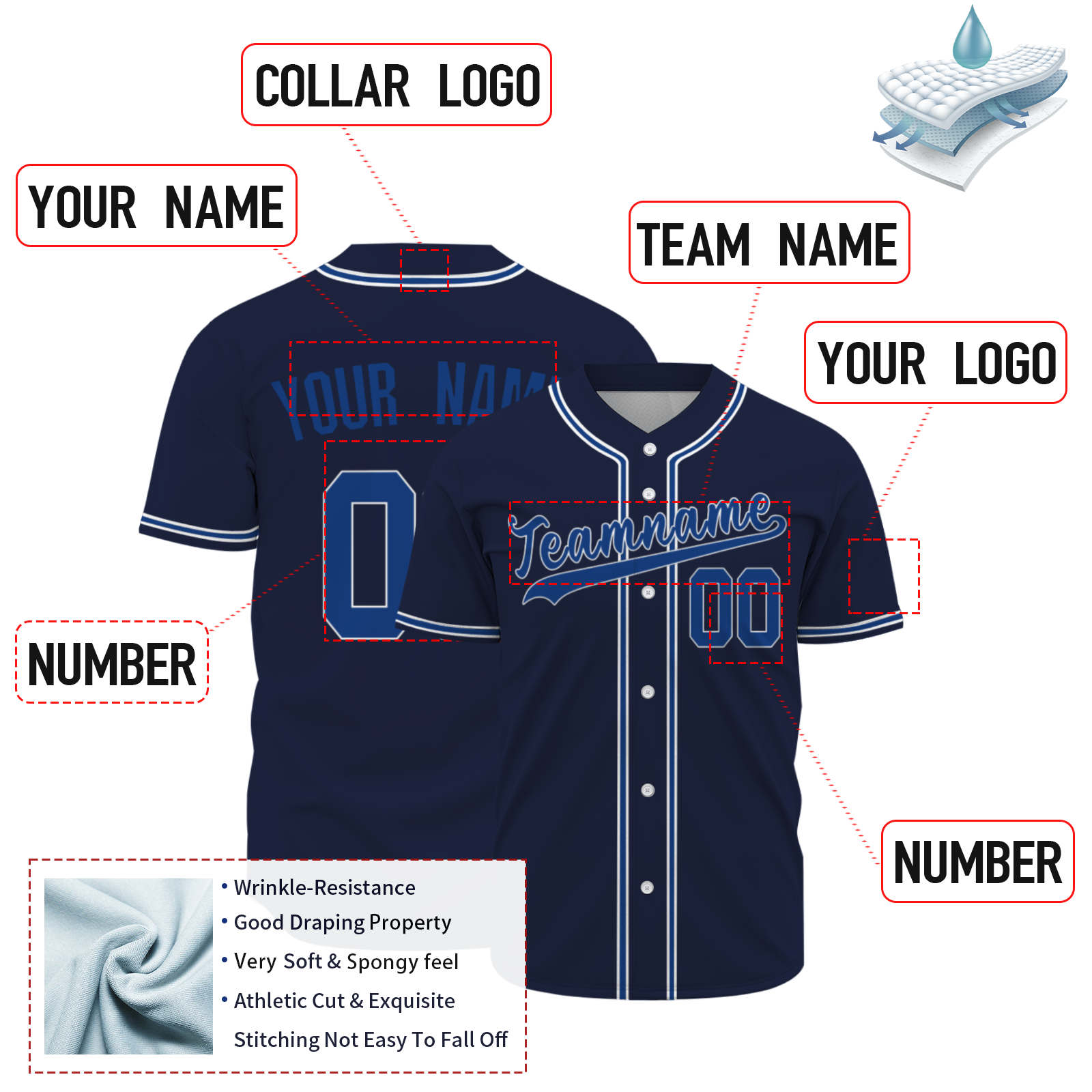 Custom Navy Blue Blue White Button Down Baseball Jersey Classic Style Sport Jersey