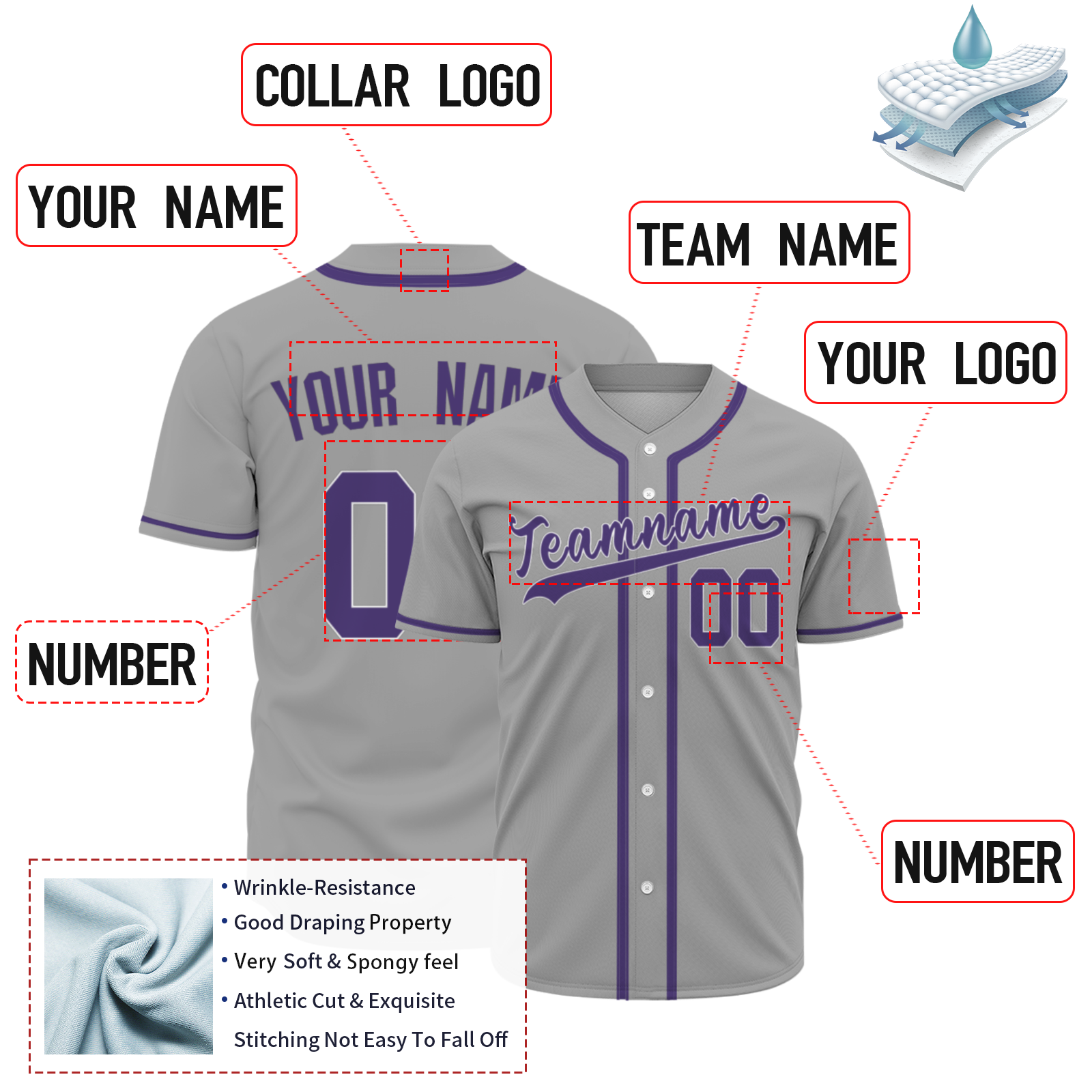 Custom Gray-Purple Fashion Design Button Down Baseball Jersey